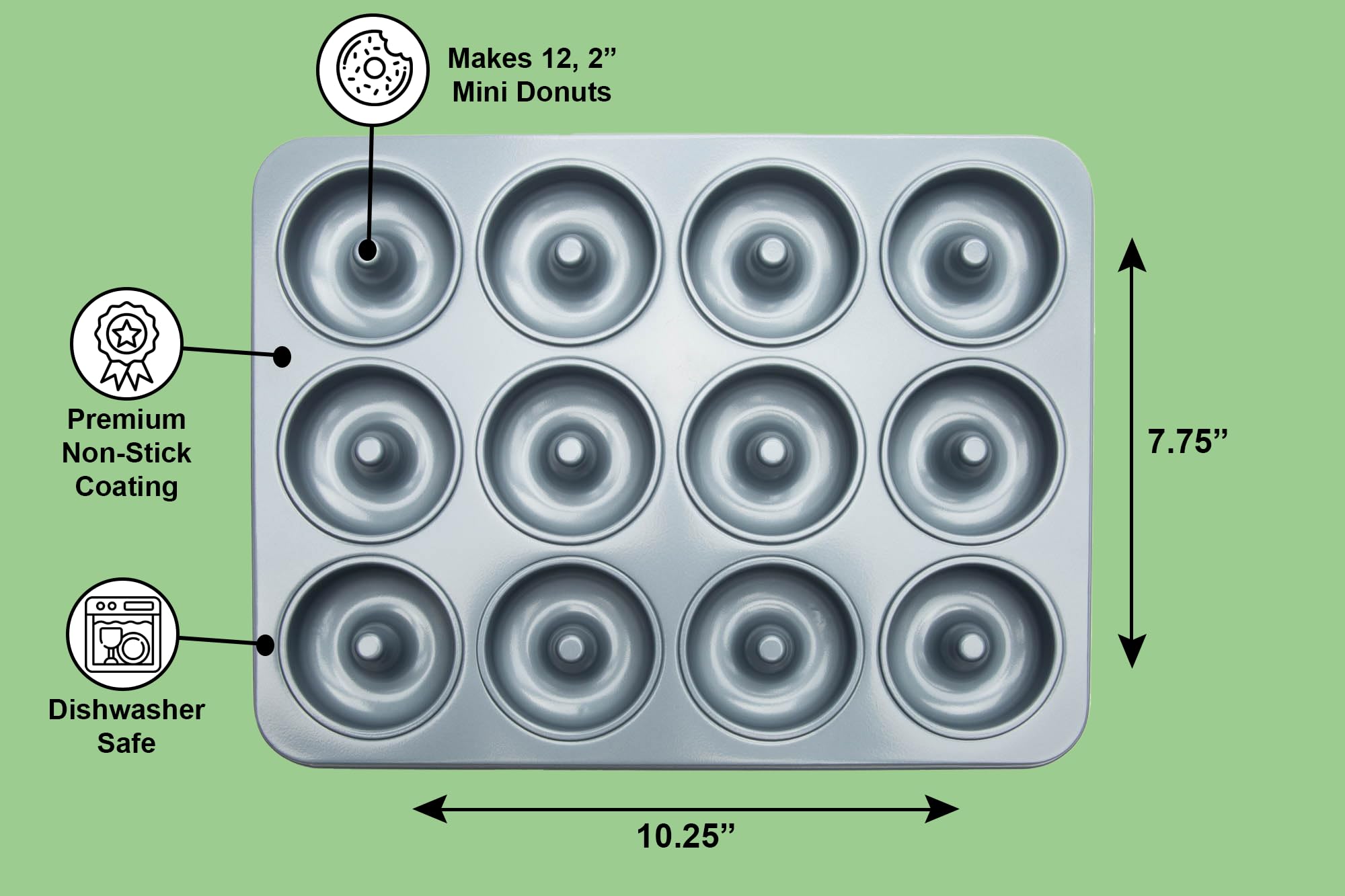 Mini molde para donas antiadherente, molde de dona de 12 cavidades, hace rosquillas de tamaño de mordida de 2 pulgadas 7