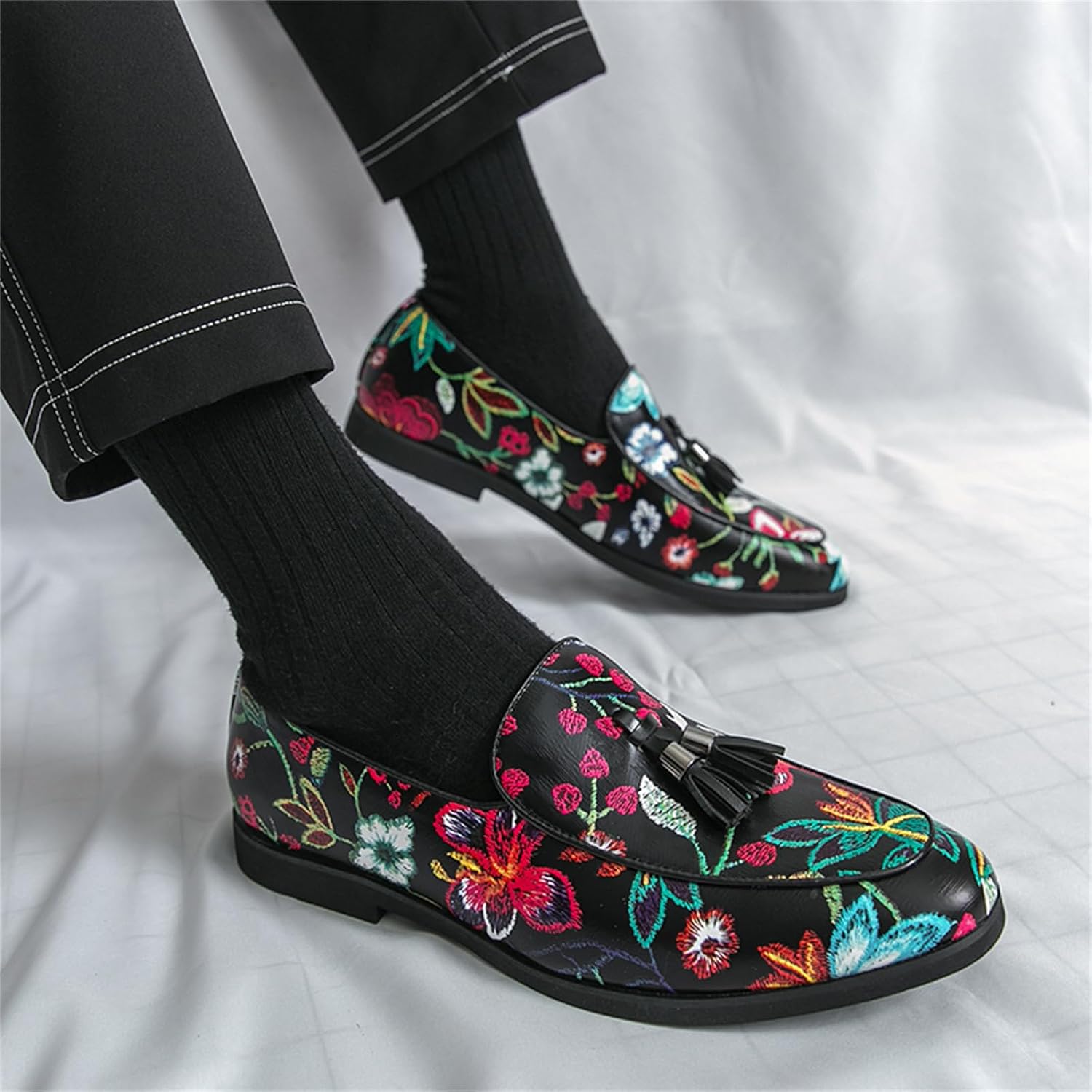 Men's Luxury Leather Slip On Multicolor Floral Print Dress Penny Loafer Shoes Fashion Non Slip Smoking Slippers Party Dating Prom Shoes