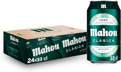 Mahou Clásica, Pack 24 Latas x 33cl, Cerveza Dorada Lager, Auténtica Cerveza Mahou Con Sabor Suave, Refrescante y Con Espuma Consistente, 4.8% Vol. Alcohol