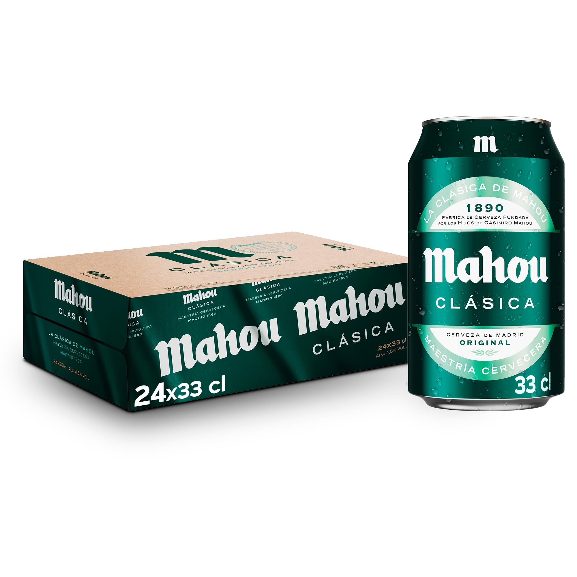 Mahou Clásica, Pack 24 Latas x 33cl, Cerveza Dorada Lager, Auténtica Cerveza Mahou Con Sabor Suave, Refrescante y Con Espuma Consistente, 4.8% Vol. Alcohol