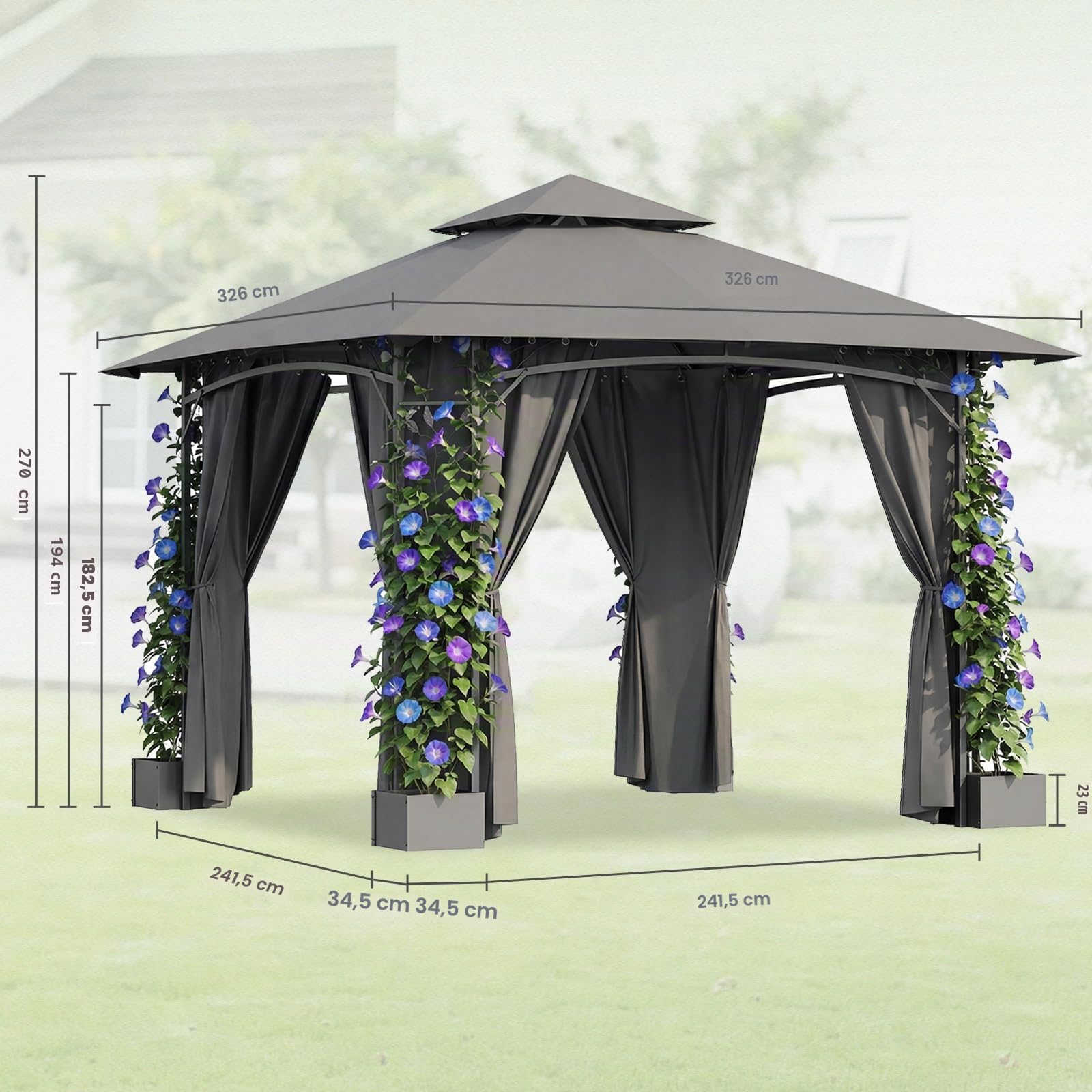 JUMMICO Pavillon de Jardin 3.3x3.3m en Fer avec Bac à Fleurs, 4 Parois Latérales, Stable, Résistant au Vent et aux Intempéries - Structure Métallique, Salon de Jardin, Gris