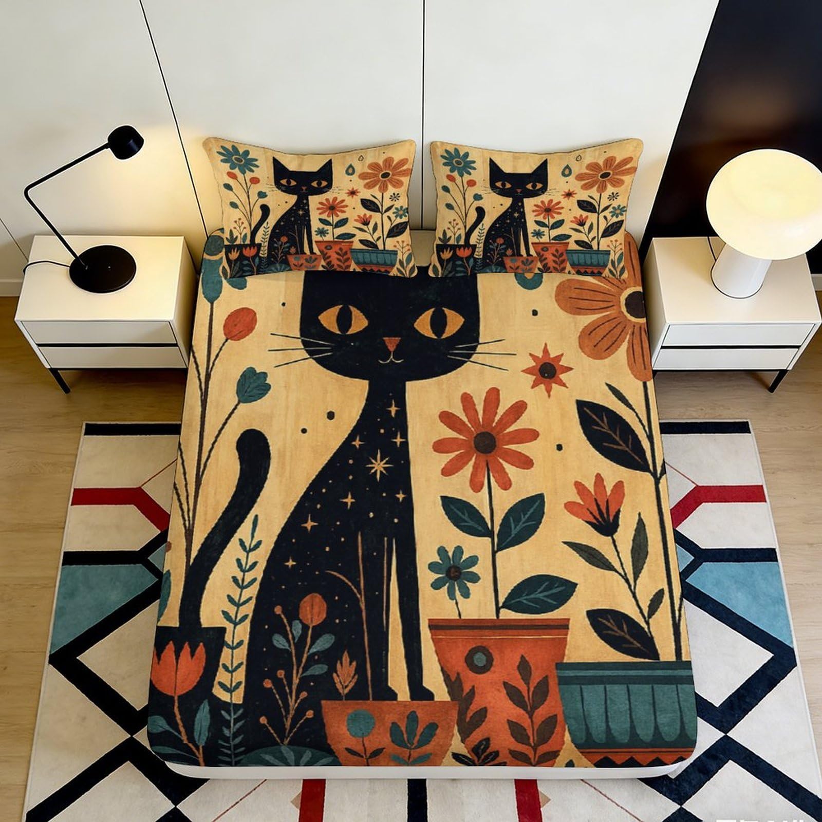 3D Printed Black Cat Floral Fitted Sheet Microfiber Anti-Slip Mattress Cover Machine Washable Bedroom Decor for All Ages 160x200x25cm