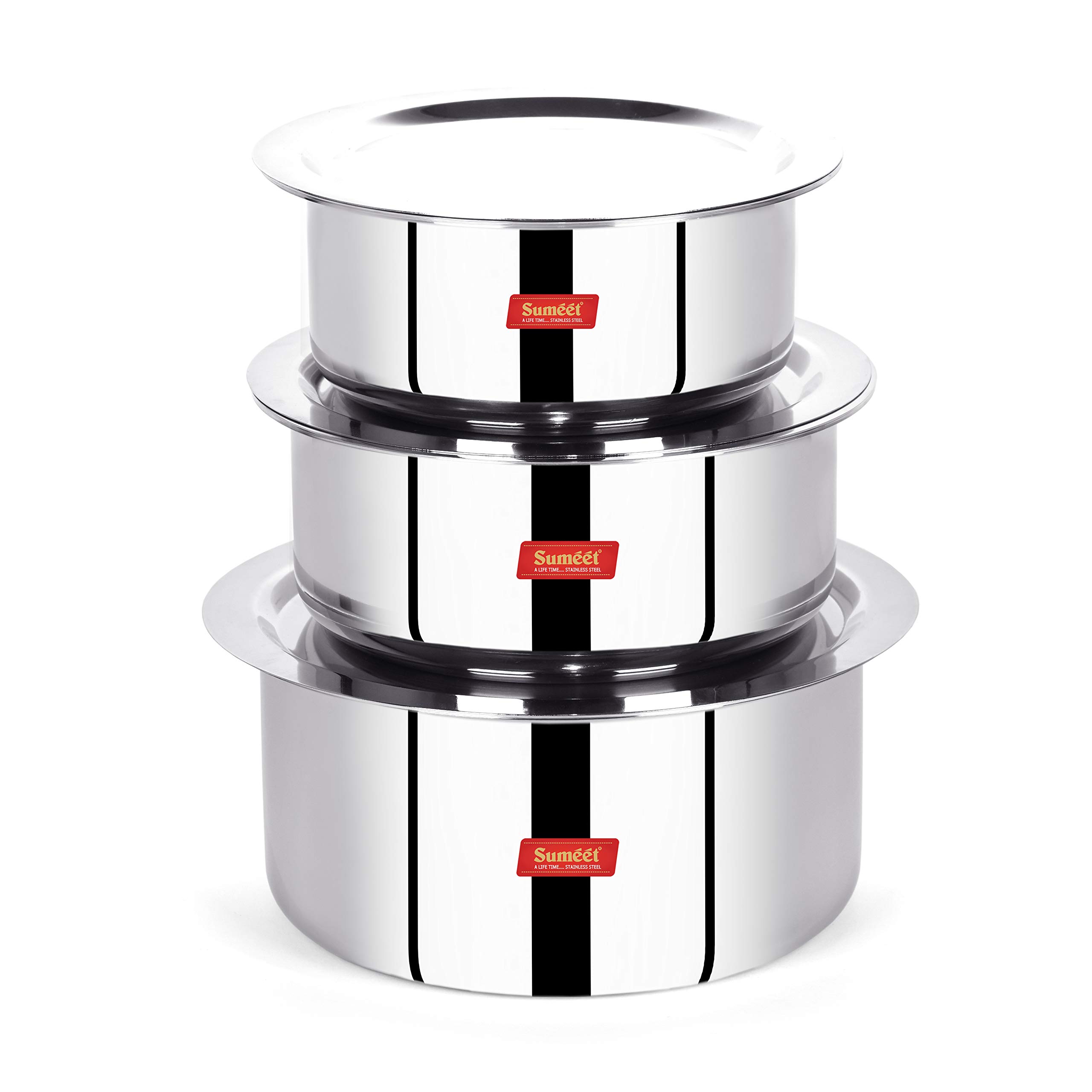Sumeet Cook Smart TriPly Steel-Aluminium-Steel - 3 Layers Tope Set of 3Pcs with Lid - No. 14 (1.1 LTR, 14Cm), No. 16 (1.6Ltr, 16Cm), No.18 (2Ltr, 18Cm)