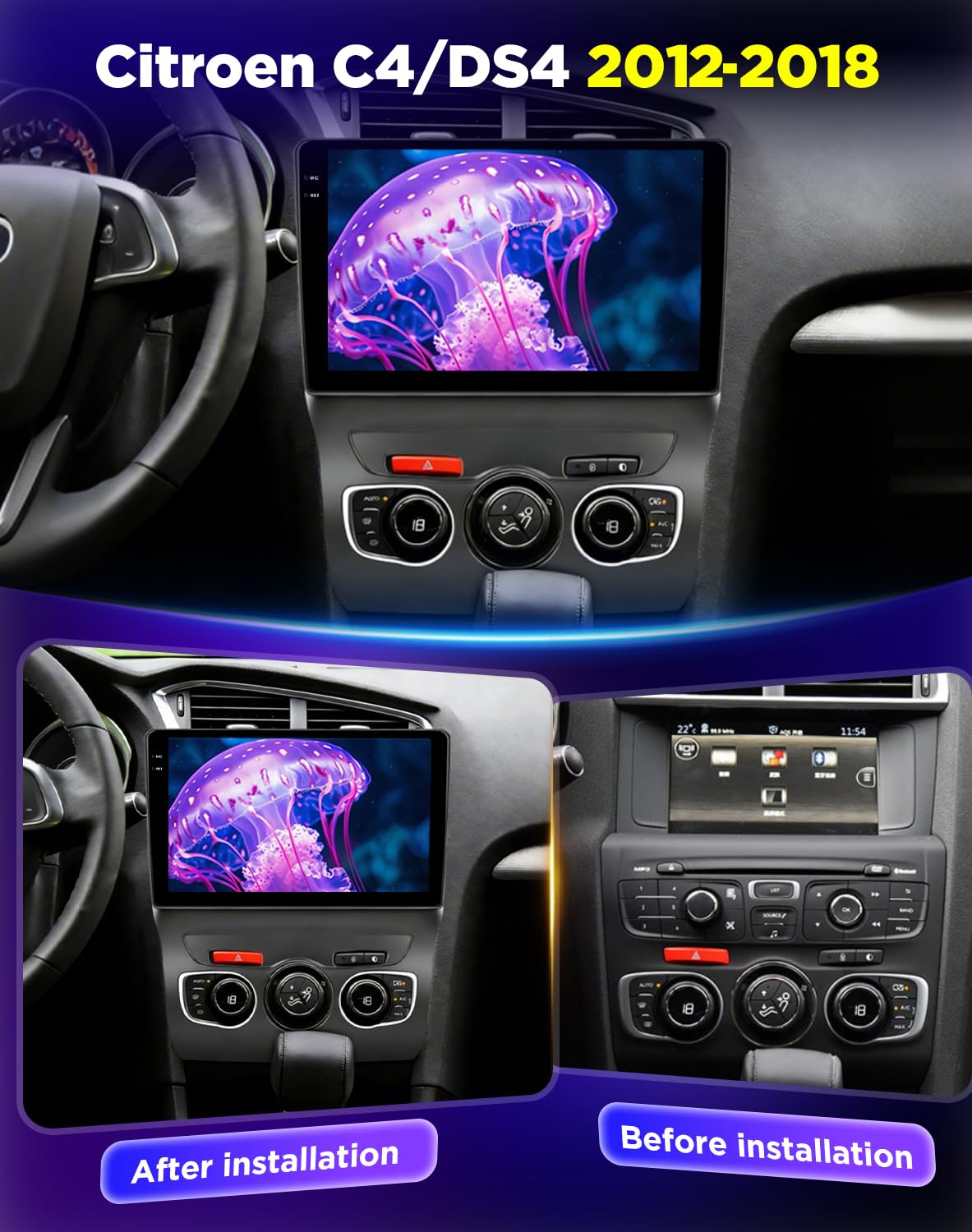NHOPEEW 4+128G Android Autoradio per Citroen C4/DS4 2012-2018 con Wireless Carplay Android Auto - Schermo incell da 10 pollici Supporto WiFi GPS Comandi al volante + Telecamera di retromarcia Canbus