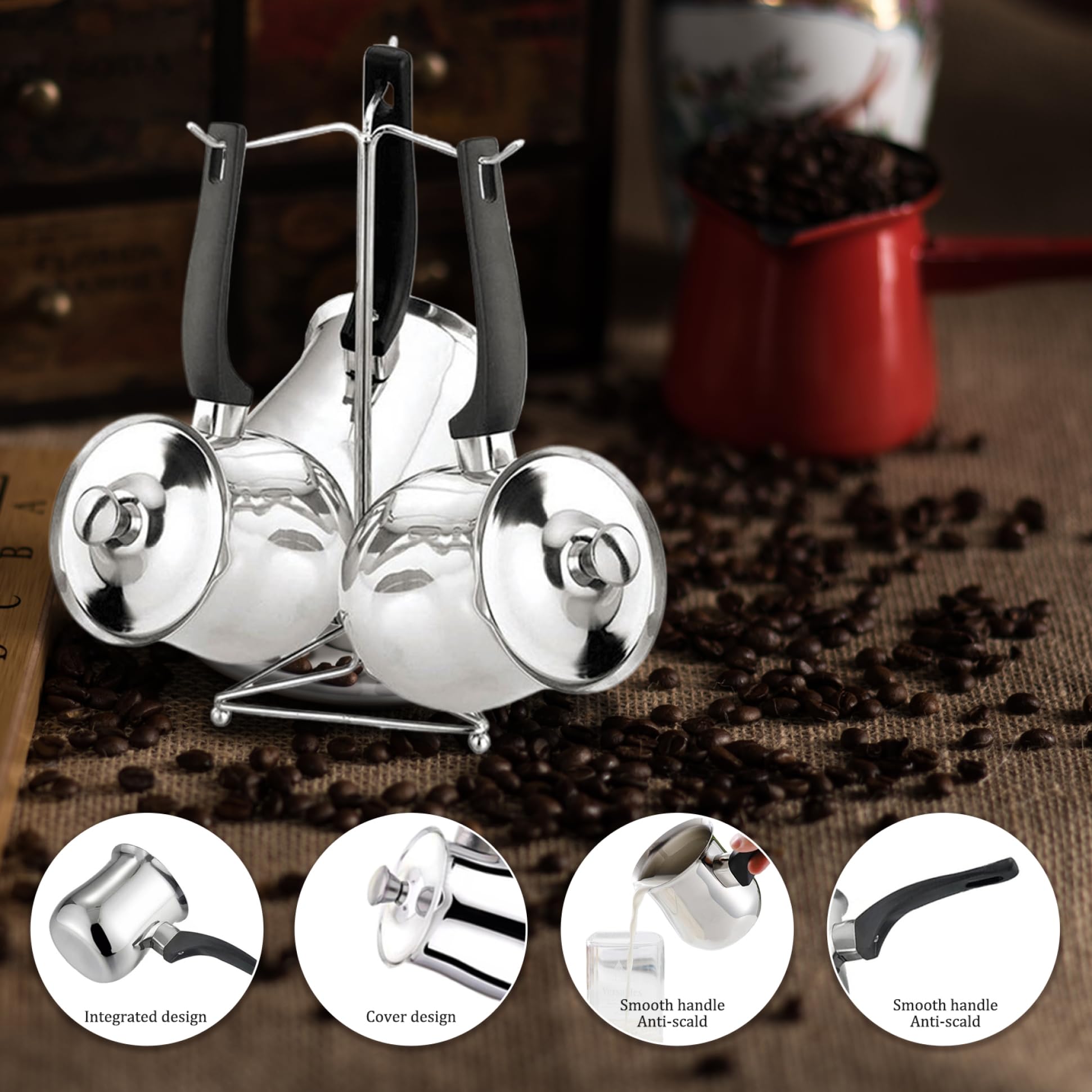 Milchkanne, 180 ml, türkische Kaffeekanne aus Edelstahl mit verbrühungssicherem Griff, einfach zu verwendender arabischer Kaffee mit Deckel für Milchschokoladen-Butterkäse