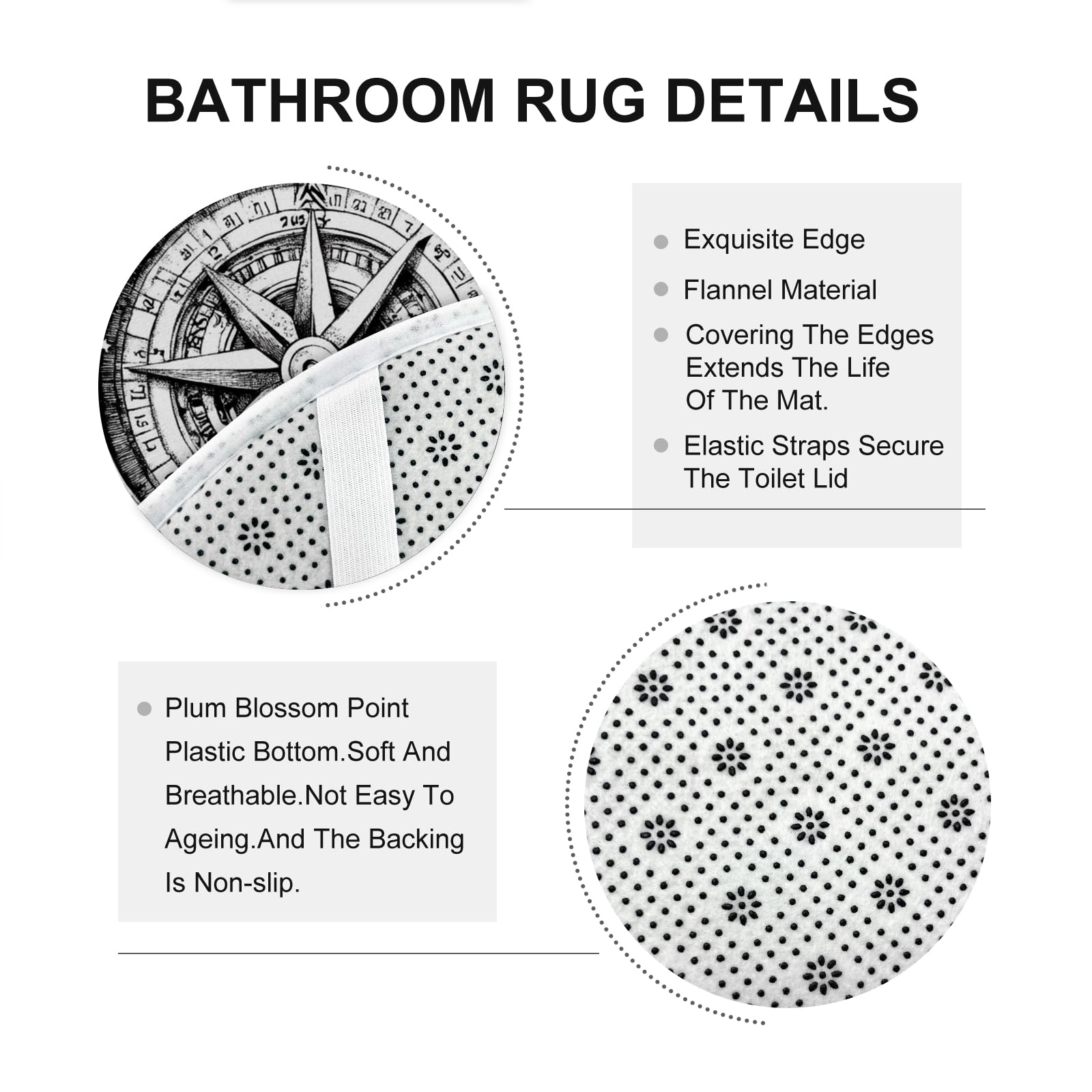 Juego de 4 accesorios de baño con brújula náutica negra con alfombra antideslizante, en forma de U y cubierta de tapa de inodoro, decoración de baño de la industria mecánica, 72 x 72 pulgadas
