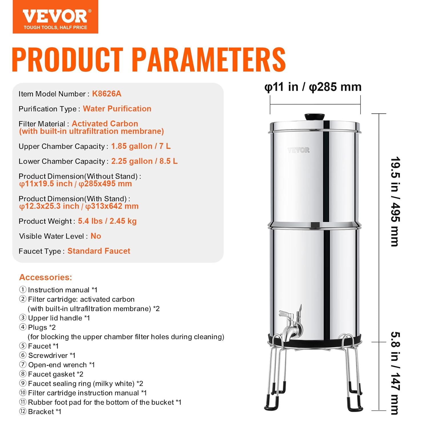 VEVOR Gravity-fed Water Filter System, 2.25G 304 Stainless-Steel Countertop Water Filtration System, Reduces Lead and up to 99% of Chlorine, with 2 Carbon Filters/Spigot/Stand, for Home Camping RV