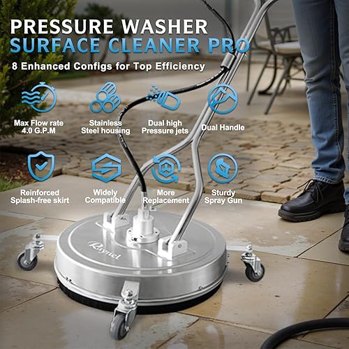 Miniatura 2 de RAYNEL Limpiador de superficie de lavadora a presión de 20 pulgadas con 4 ruedas, mango doble, carcasa de acero inoxidable, 2 adaptadores de