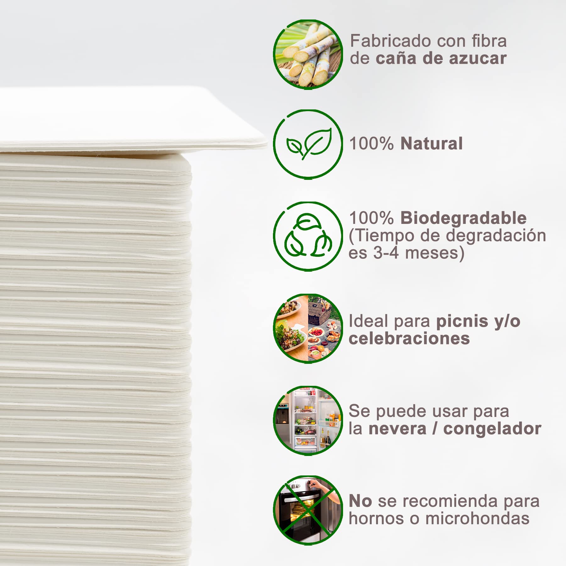 Pack 30, 50, 60, 100, 300 o 500 Platos Desechables Biodegradables, Hechos de Fibra de Caña de Azúcar, Natural, 100% Biodegradable, Cuadrados Originales, Comida, Barbacoa, Fiesta, Cumpleaños.