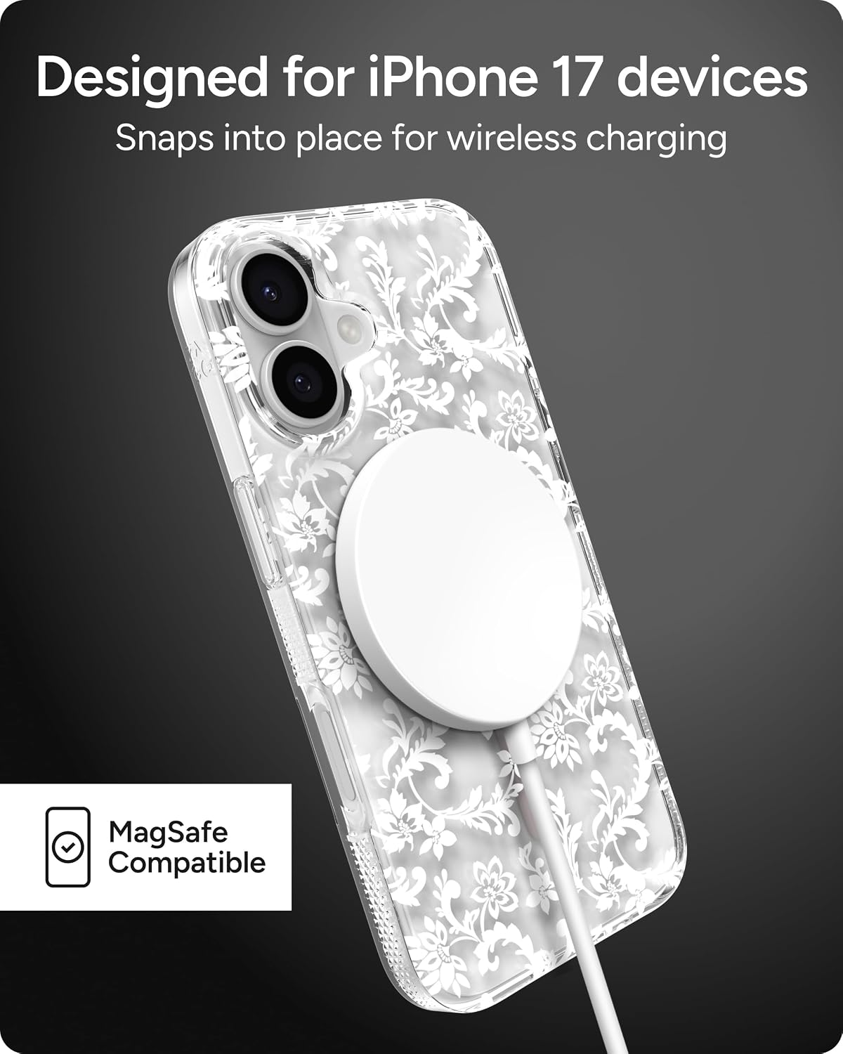 ZAGG Milan Snap Case for iPhone 17 - White Boho Blossom, Graphene Strengthened Phone Case with Drop Protection (13ft/4m), Textured Edges & Sparkle Design, MagSafe Charging Compatible