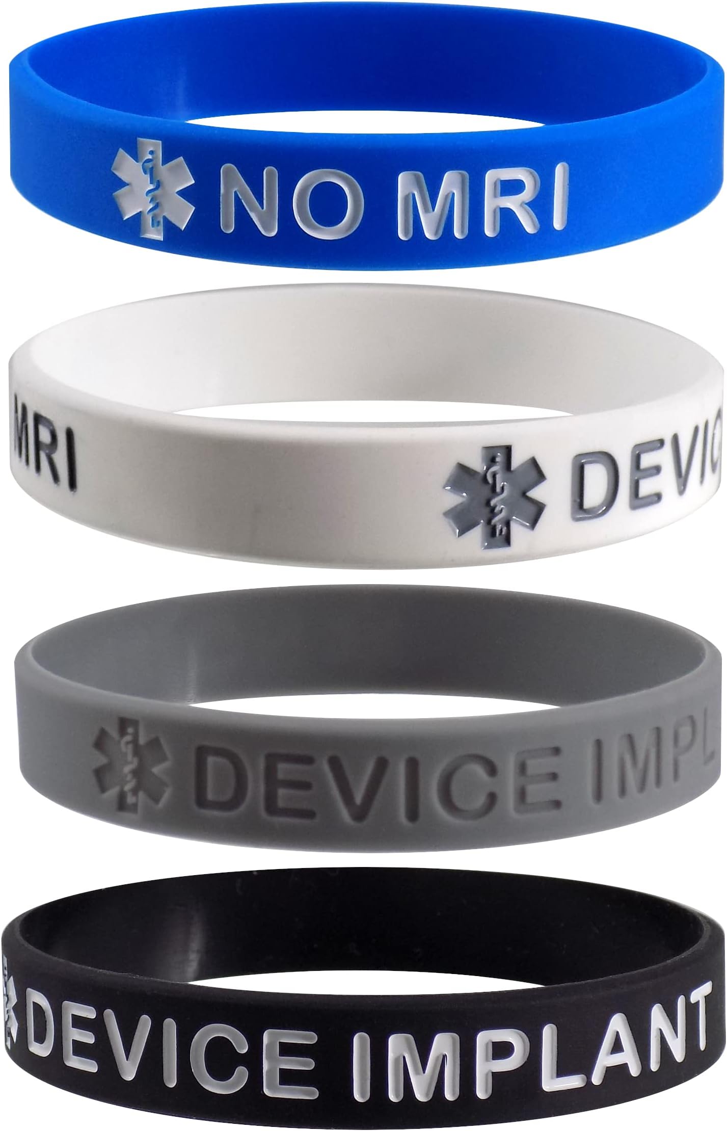 NO MRI DEVICE IMPLANT' Medical Alert ID Silicone Bracelet Wristbands 4 Pack