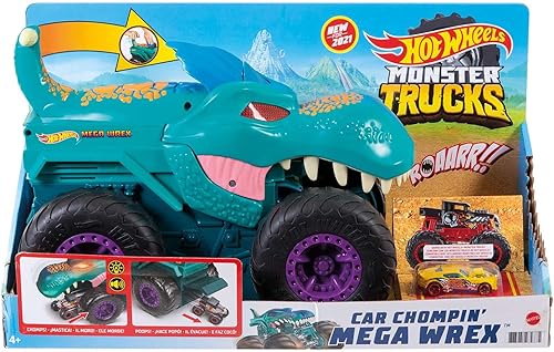 Miniatura 3 de Hot Wheels Monster Trucks Car Chompin Mega Wrex Giant 164 - Vehículo fundido a presión con luces y efectos de sonido Eats y Poops a partir de 3 años