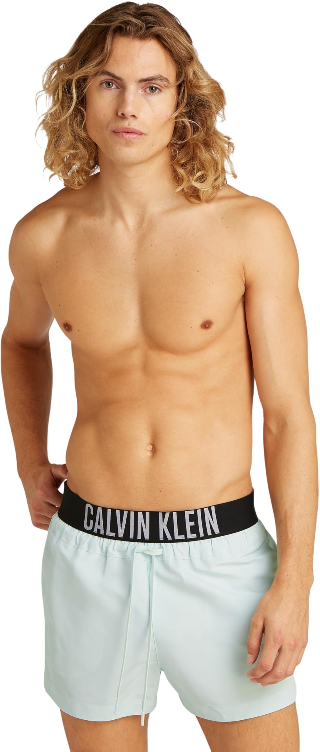 Calvin Klein Men’s Short Swim Shorts with Logo Waistband, Grey (Moonlight Jade), L