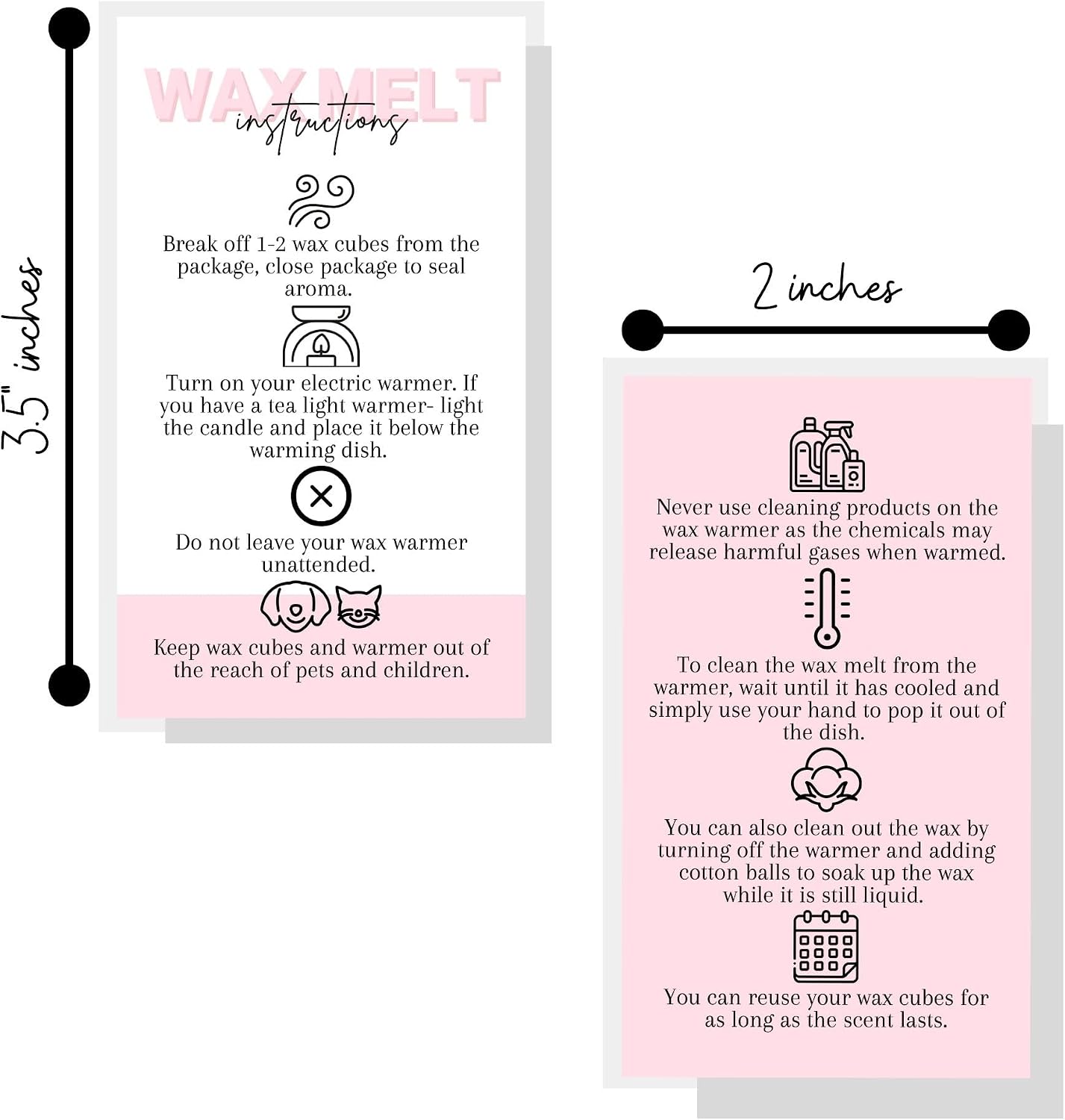 Wax Melt Care Instruction Cards | 50 Pack | 2x3.5” Business Card Wax Melt Supplies Homemade Customer thank you for Warmer Minimalist White and Pink How To Care for wax cube clamshell wickless candle