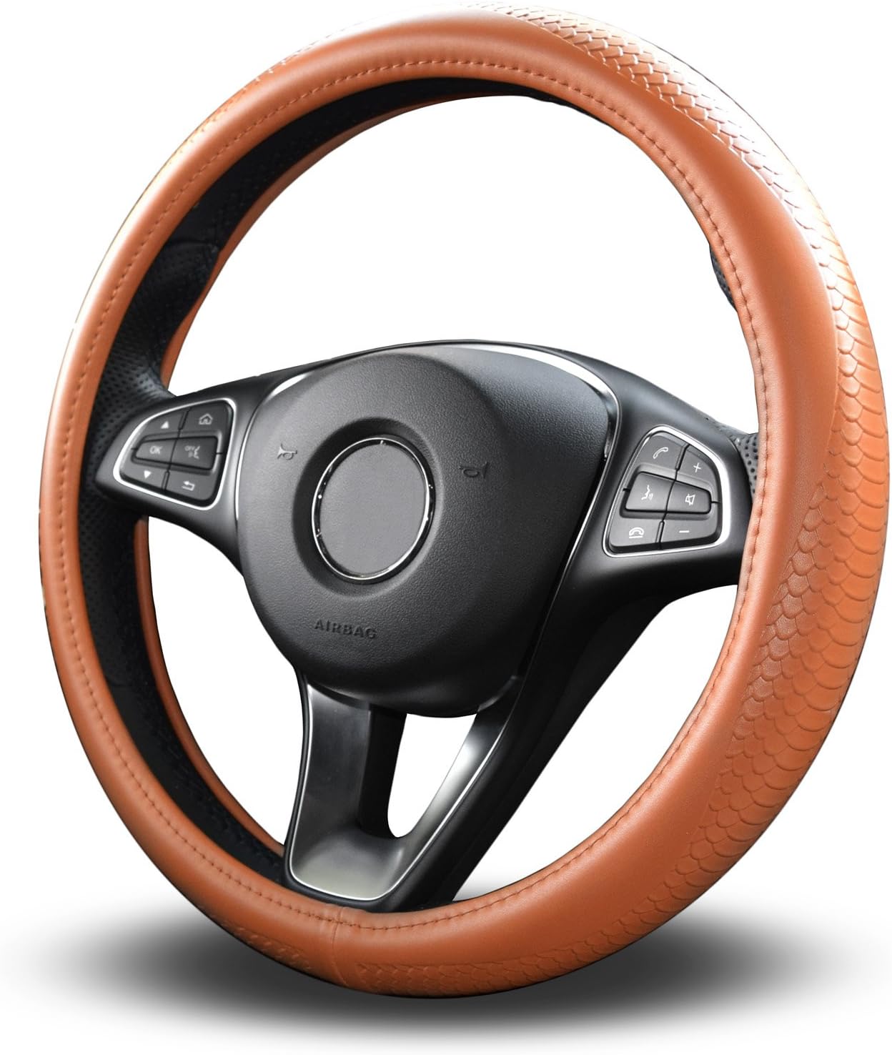 Vitodeco Odorless Luxury Genuine Leather Steering Wheel Cover, Dragon Scales Design, Excellent Grip, Nontoxic, Standard Size 14.5" (Brown)