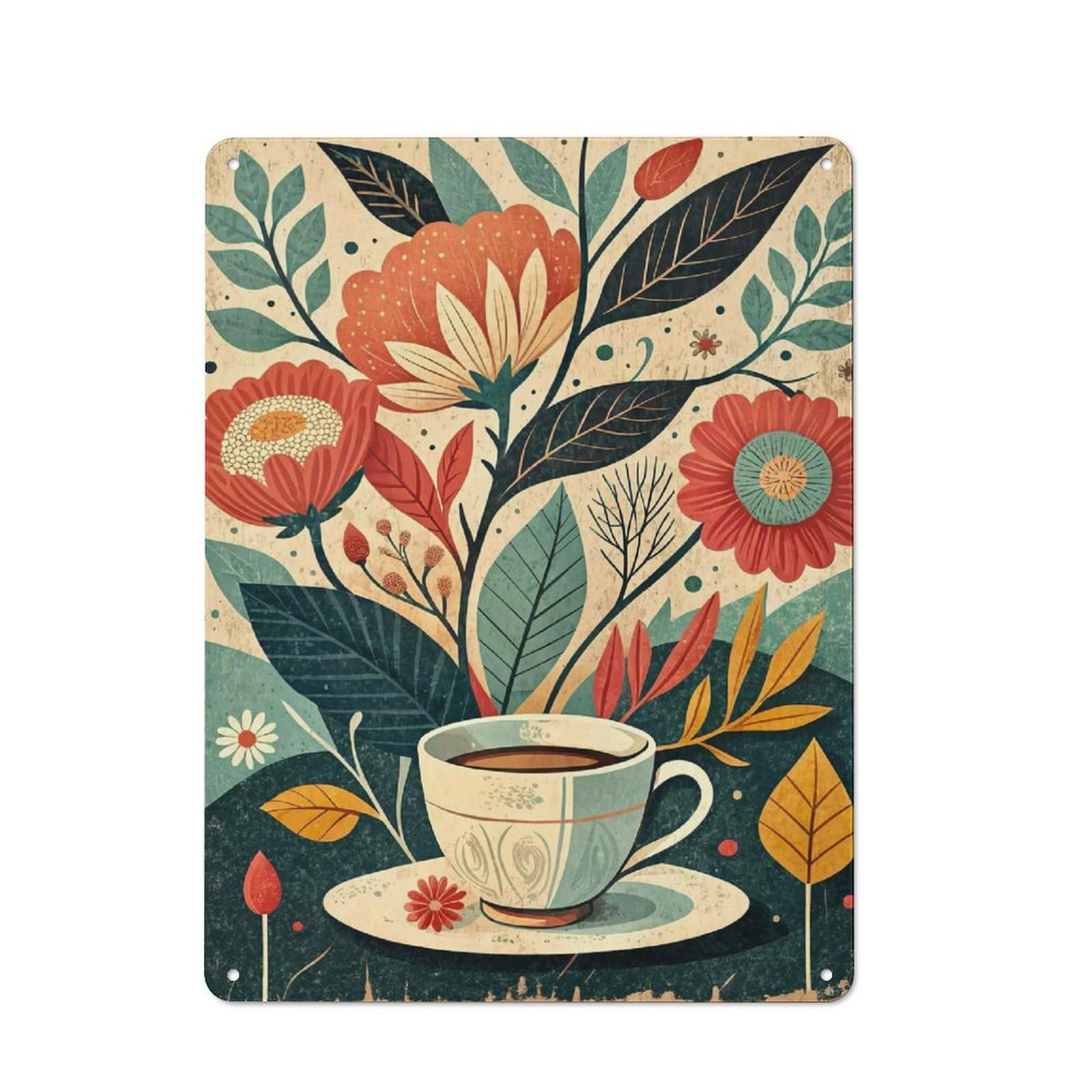 Junmoney Floral Teacup Illustration 40X30cm Vintage Tin Sign With For Hobby Room Or Studio, For Winter Interiors And Metal Sign Collectors