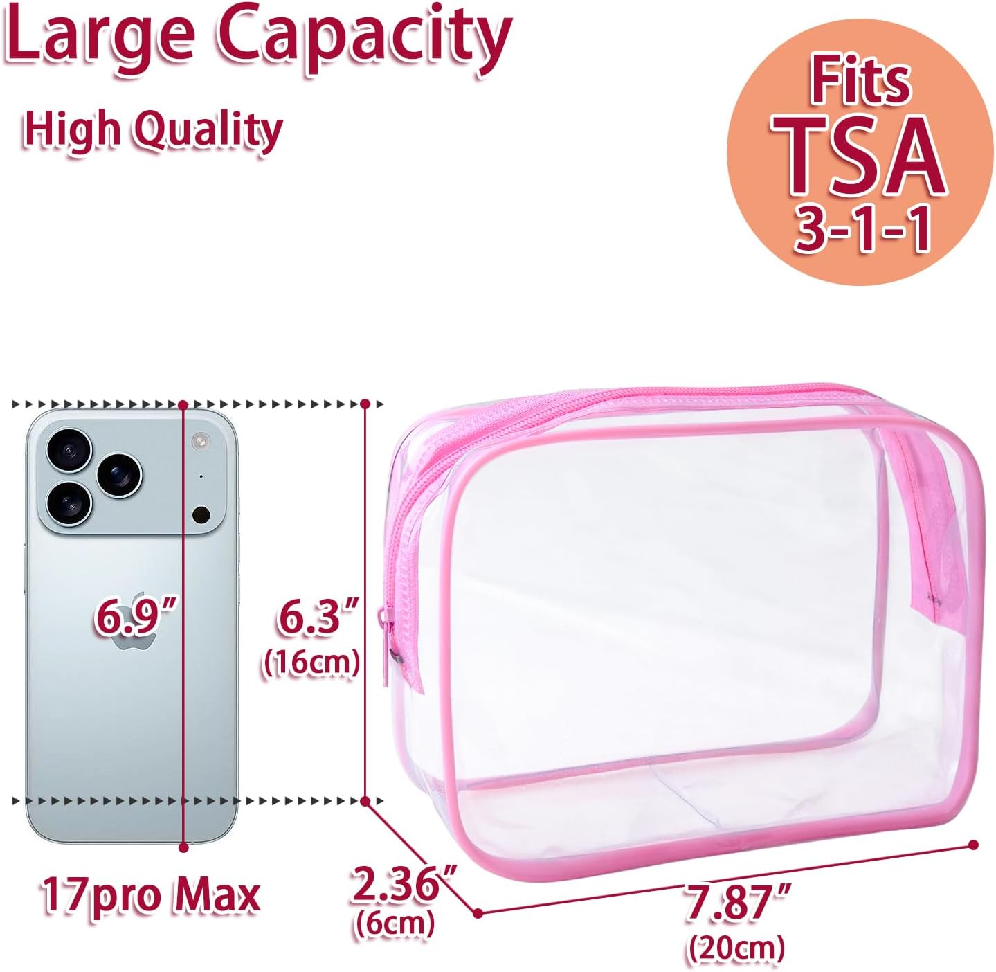 6 Pieces Clear Makeup Bags Bulk, TSA Approved Toiletry Bag Cosmetic Toiletries Pouch with Zipper, Waterproof Vinyl Plastic Organizer Case for for Women Carry-on Travel Essentials (Pink) image 2