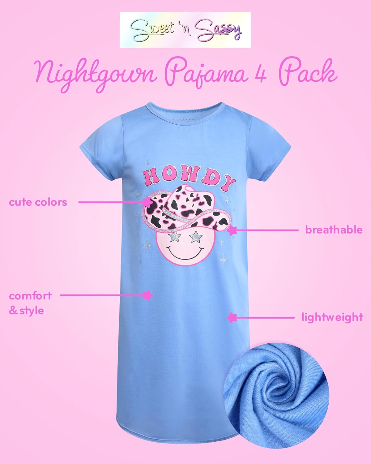 Sweet & Sassy Girls Nightgowns - 4 Pack Short Sleeve Night Gown Sleepwear Pajama Dress for Kids (Size: 4-14) - Image 2
