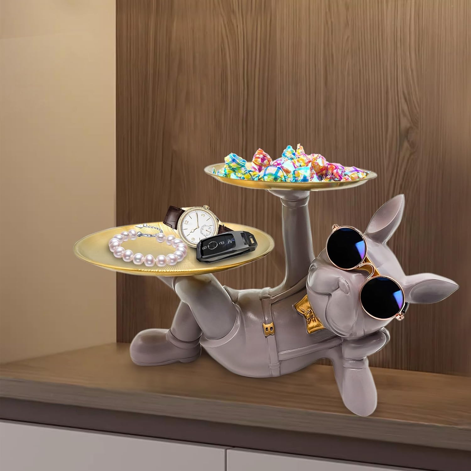 Resin French Bulldog Tray Statue, Lying Bulldog Candy Dish Key Holder Bowl, French Bulldog Accessories, Statues for Office Desk Home Decor Figurines Entryway Table Decor (Purple Grey) - Image 6