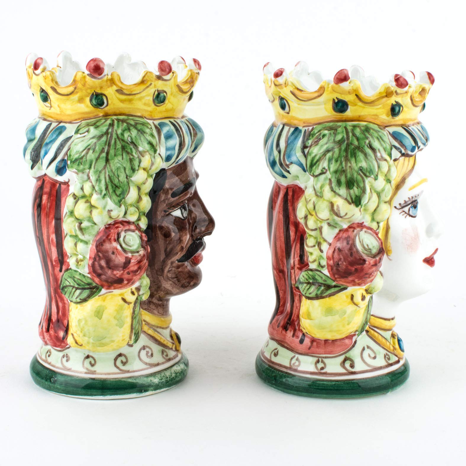 Cabezas de moro de 14 cm de altura de cerámica siciliana, par de cabezas de moro de Caltagirone hechas a mano