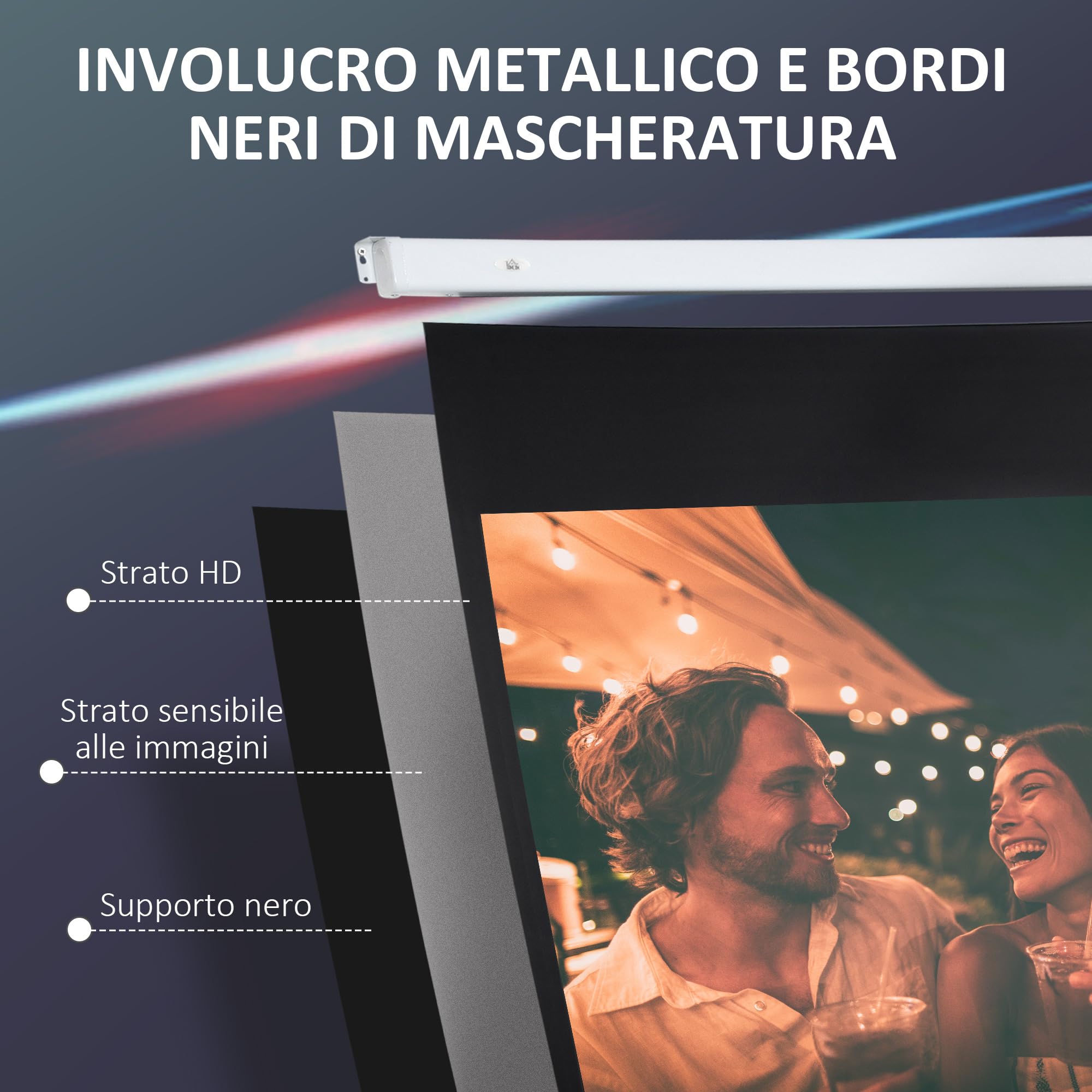 HOMCOM Telo Proiettore Motorizzato da 100 Pollici 4K HD Formato 16:9, Schermo Proiettore Motorizzato Elettrico con Telecomando, per Casa, Cinema, Ufficio, Home, Esterno, 247x7.5x168 cm, Bianco