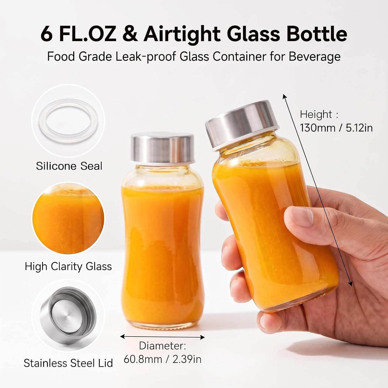 Danmu Glass Juice Bottles with Lids 6 oz 6 Pack