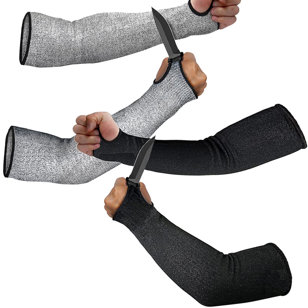 2 Pairs Cut Resistant Sleeves Level 5 with Thumb Hole 18 Inches Arm Protectors for Thin Skin and Bruising, Arm Guards for Men and Women Work Women (Black, Gray), Grey and Black