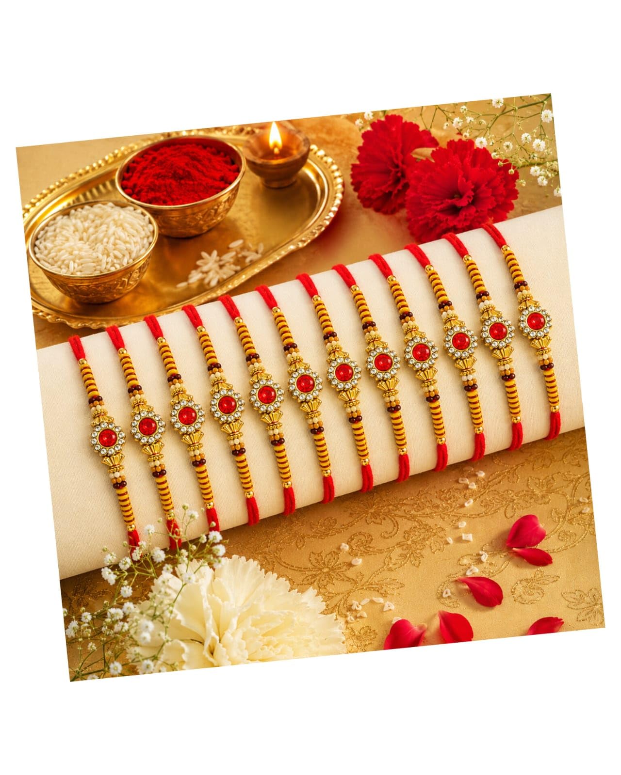 Pack of 12 Designer Rakhi Threads for Brother and Family Traditional Red and Gold Rakshabandhan Wristbands Set with Roli Chawal Kit Elegant Rakhi Gift Set for Bhai-image-13