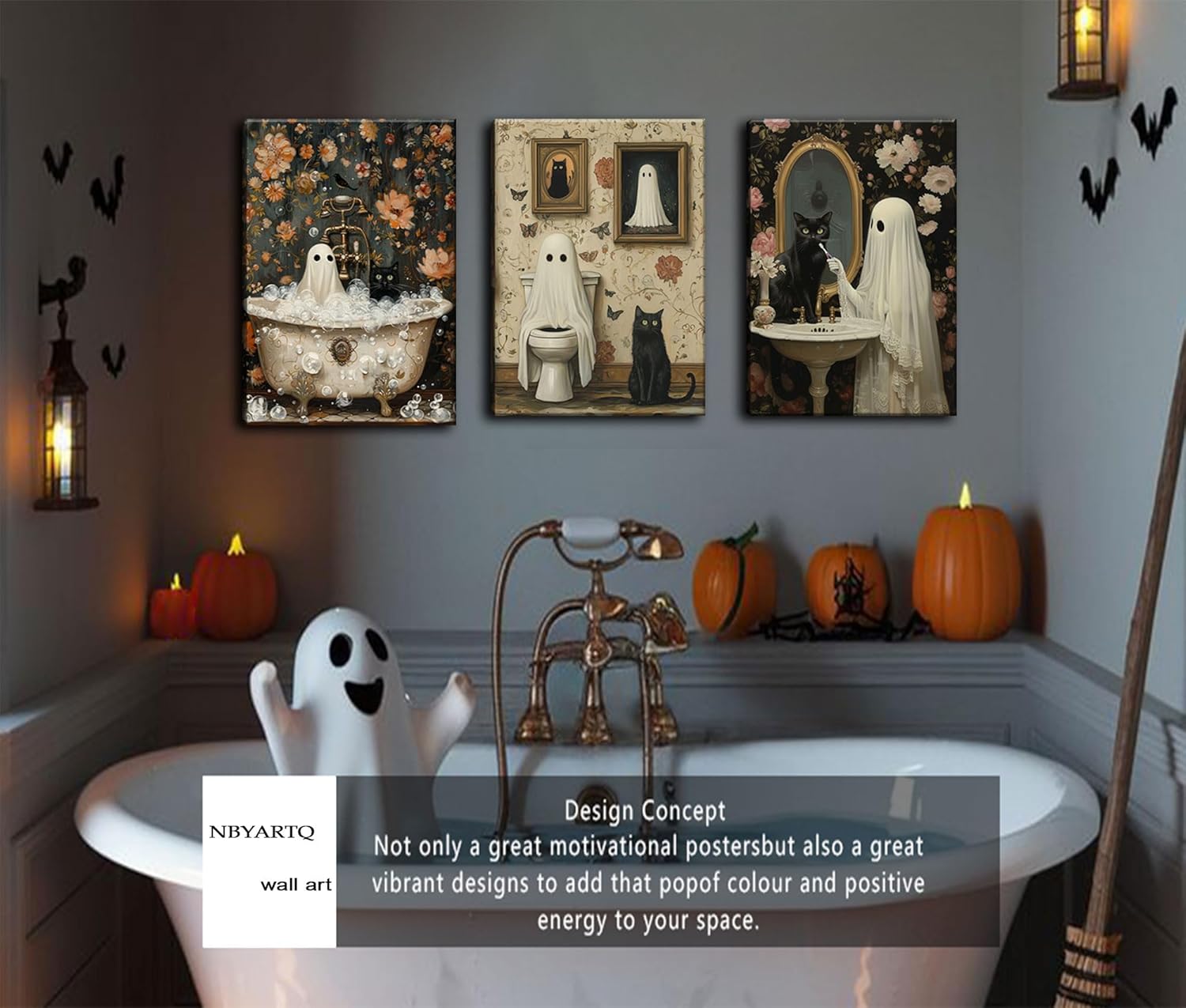 3Pcs Halloween Ghosts Canvas Wall Art Horror Ghost and Black Cat in Bathroom Wall Decor Pictures Retro Horror Creepy Dark Academia Canvas Prints for Bathroom Gallery Street Bar Home Decoration Framed