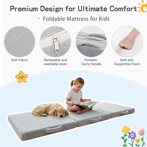 Miniatura 4 de Tiita Colchón plegable para niños, tapete triple para siesta para guardería con bolsa de almacenamiento, colchón portátil de viaje para niños