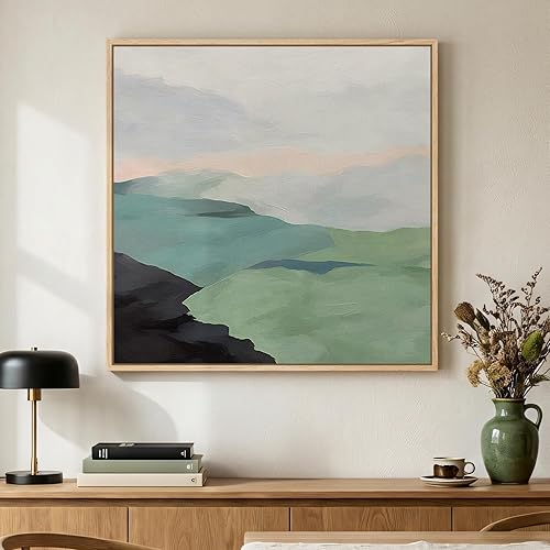 Framed Modern Neutral Green Landscape Abstract Wall Art, Square Minimalist Canvas Prints Paintings for Walls, Sage Green Nature Mountain Scene Pictures for Dining Bedroom Hallway Wall Decor 24x24 In