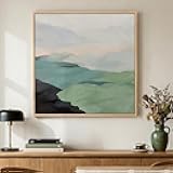 Framed Modern Neutral Green Landscape Abstract Wall Art, Square Minimalist Canvas Prints Paintings for Walls, Sage Green Nature Mountain Scene Pictures for Dining Bedroom Hallway Wall Decor 24x24 In