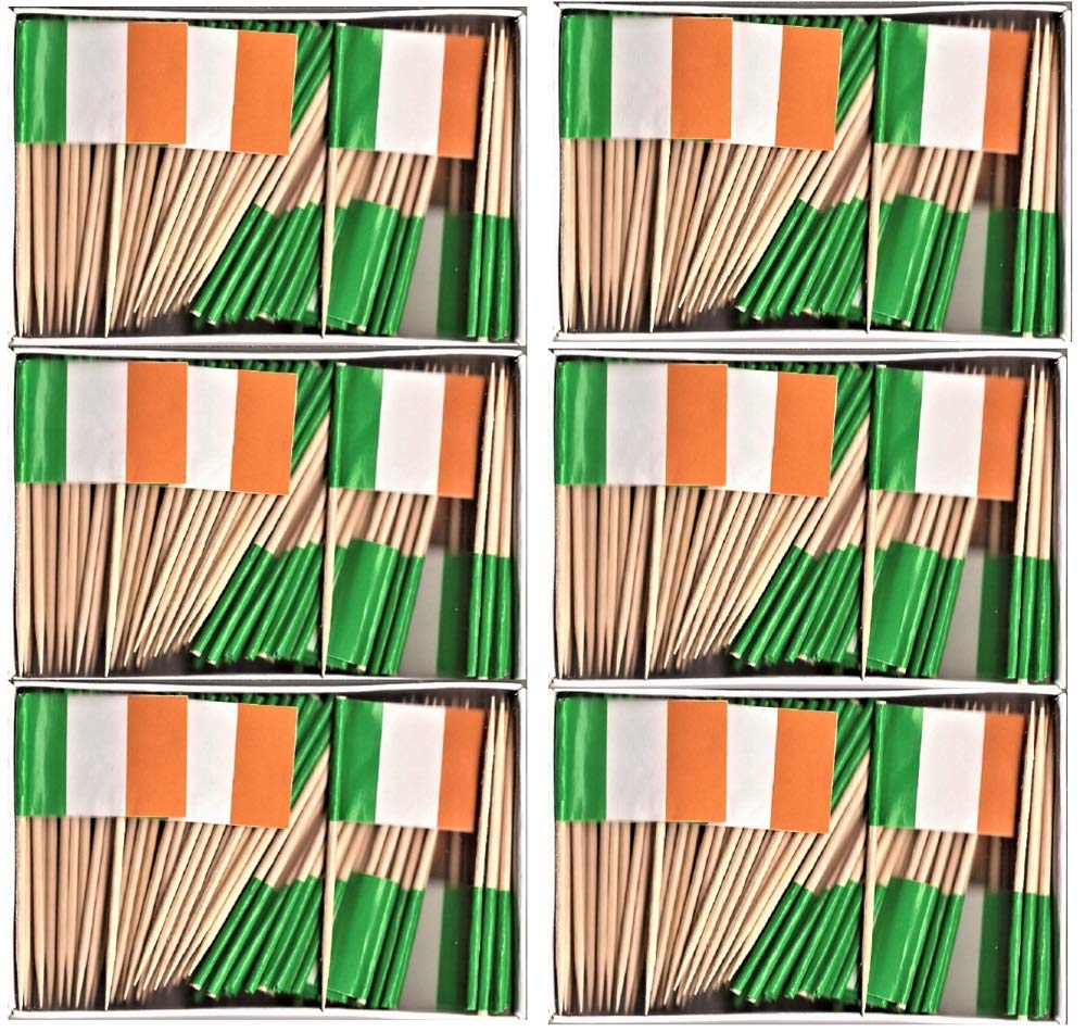 600 Miniature Ireland Toothpick Flags, Small Mini Irish Flag Cupcake Toothpicks or Cocktail Sticks & Picks (6 Boxes)