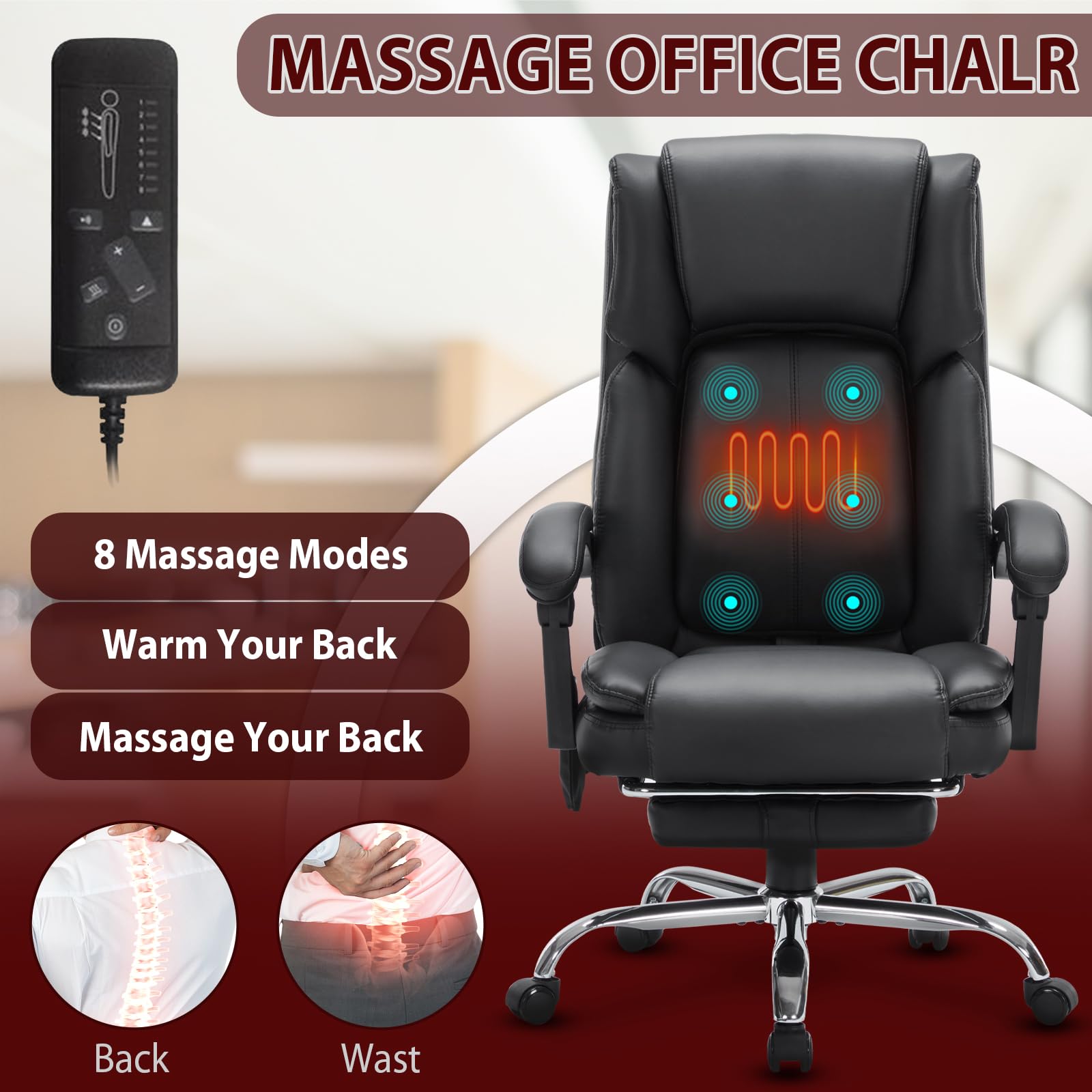 Massage Office Chair with Heat Executive Desk Chairs with Foot Rest Reclining Chair Big and Tall for Heavy — view 5