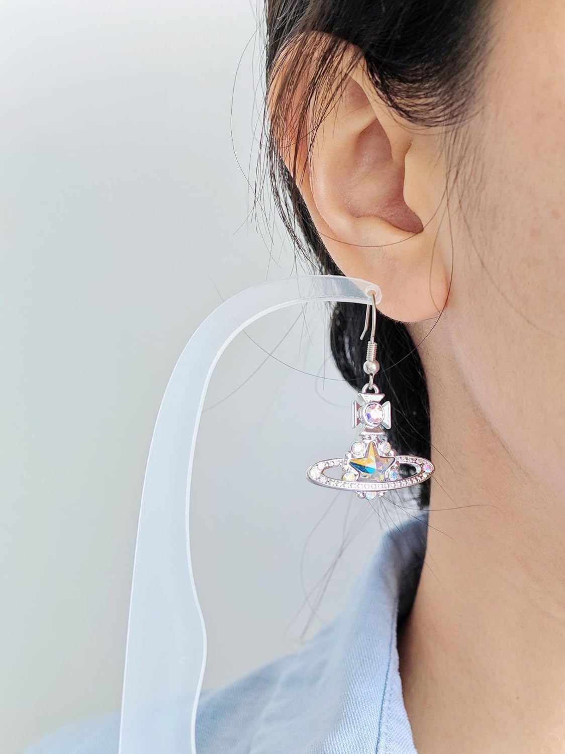 Colorful Five-pointed Star Earrings of Saturn for Women - Colorful Crystal Quartz Five-pointed Star Saturn Earrings Ear Studs (Silver)