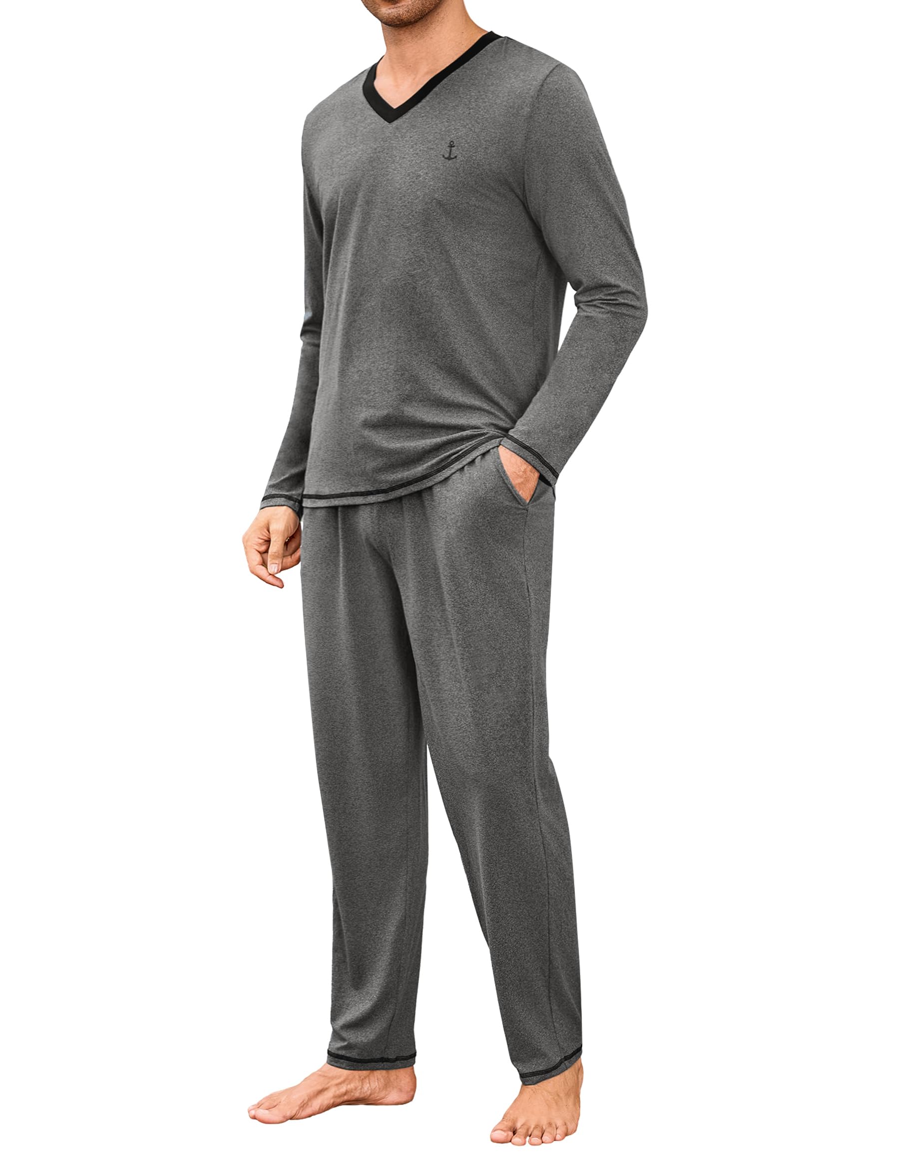 Marvmys Heren pyjama set lange mouwen zachte katoenen top & lounge broek met zakken V-hals loungewear nachtkleding pyjama set, Donkergrijs, M