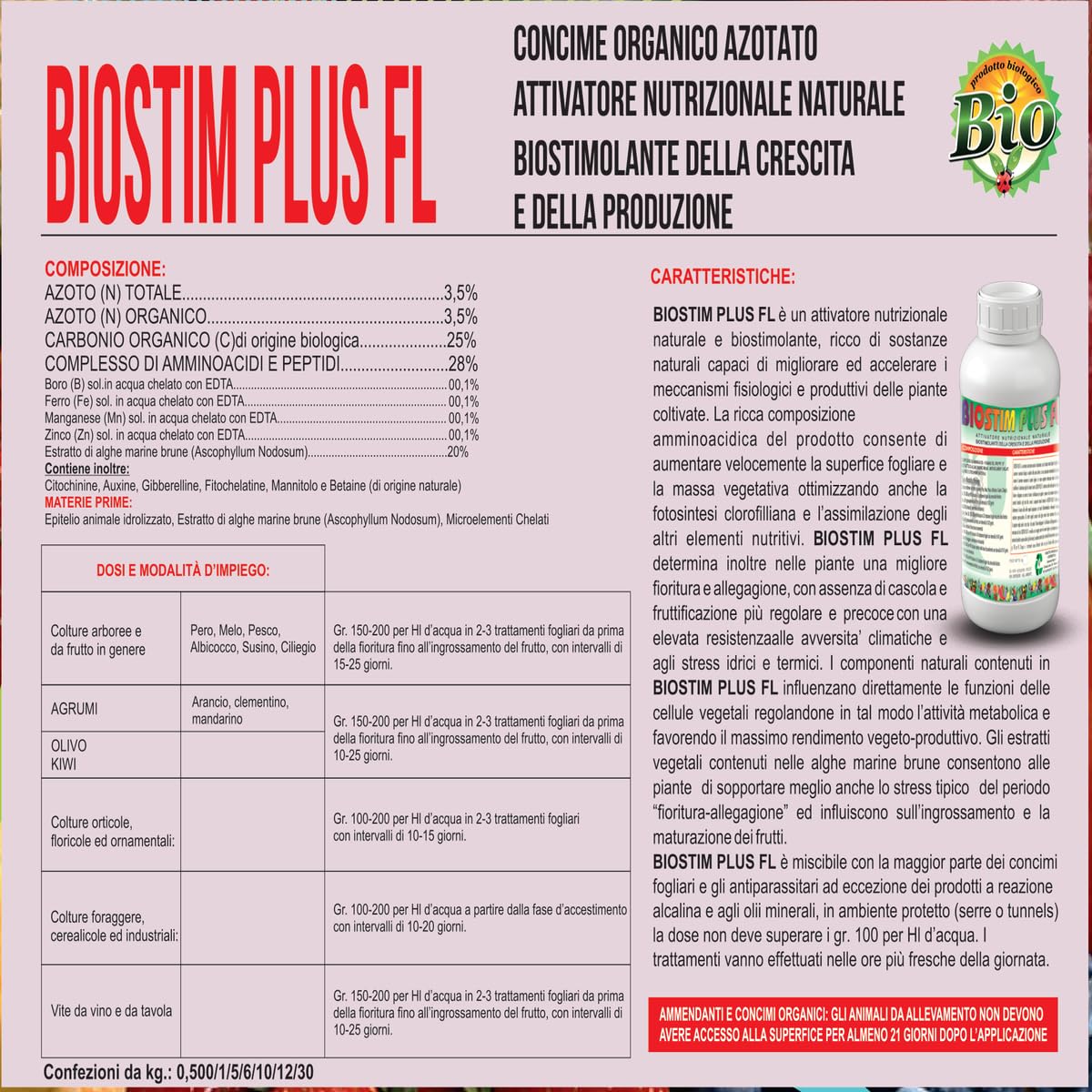 Biostim Plus FL Concime Organico Azotato e Biostimolante Naturale con Alghe Brune e Microelementi Chelati 5L