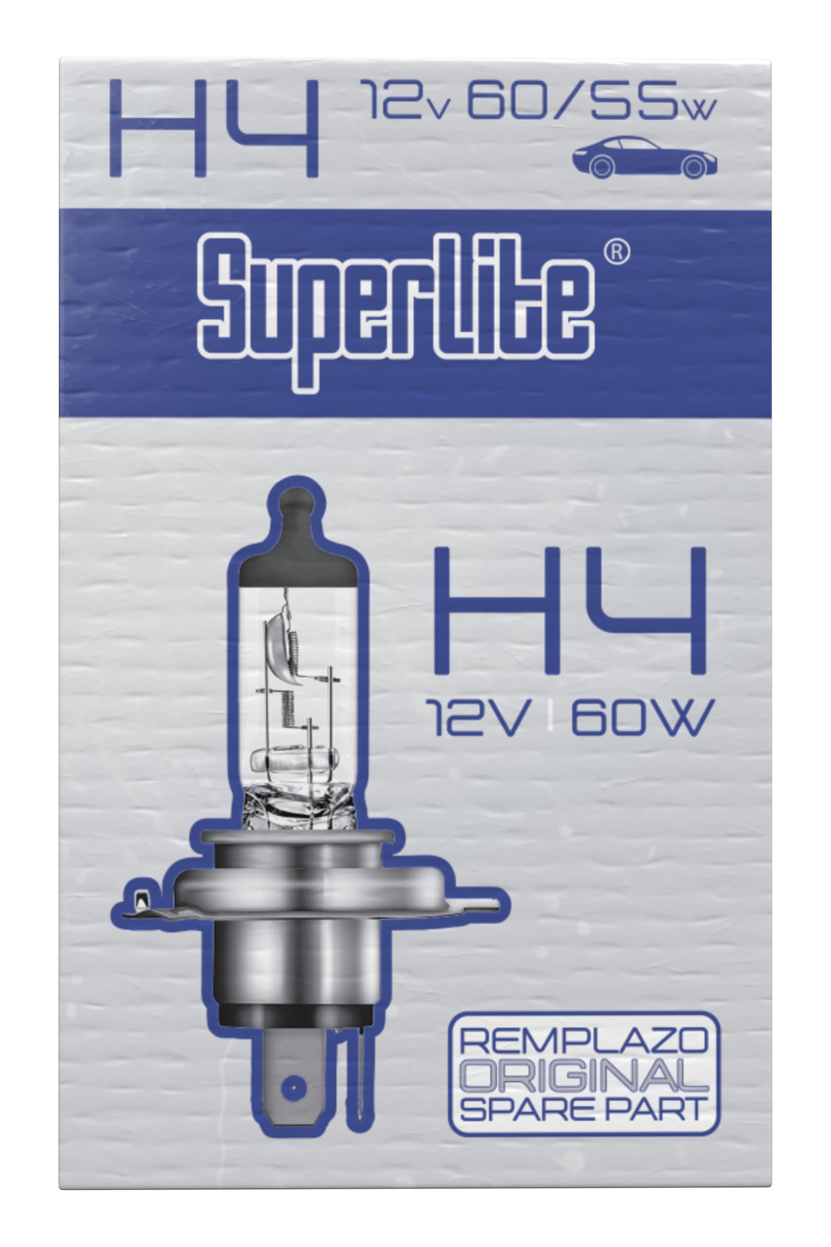 Lampadina alogena Superlite H4 12V 60/55W Per i fari principali della gamma Night Vision. Omologazione E1 R37/03, certificazione RoHs e CE. Durata e luminosità eccezionali.