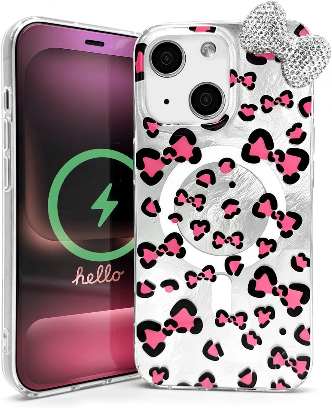 Cute Glitter Silver Print Background Case with Beautiful Kawaii Black and Pink Bows Leopard Design, This Compatible with MagSafe,Shock-Proof Case is Suitable for Women Girls(for iPhone 15)