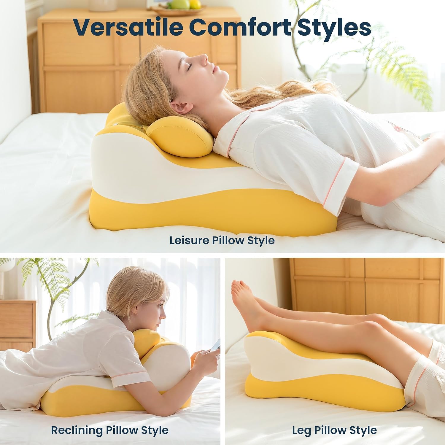 SLEEP ZONE Memory Foam Reading Pillow, Multi-Position Support Bed Pillow for Petite Adults, Reading Tools, Pillows Prone Back and Knee Support Leg Elevation with Washable Cover, Yellow