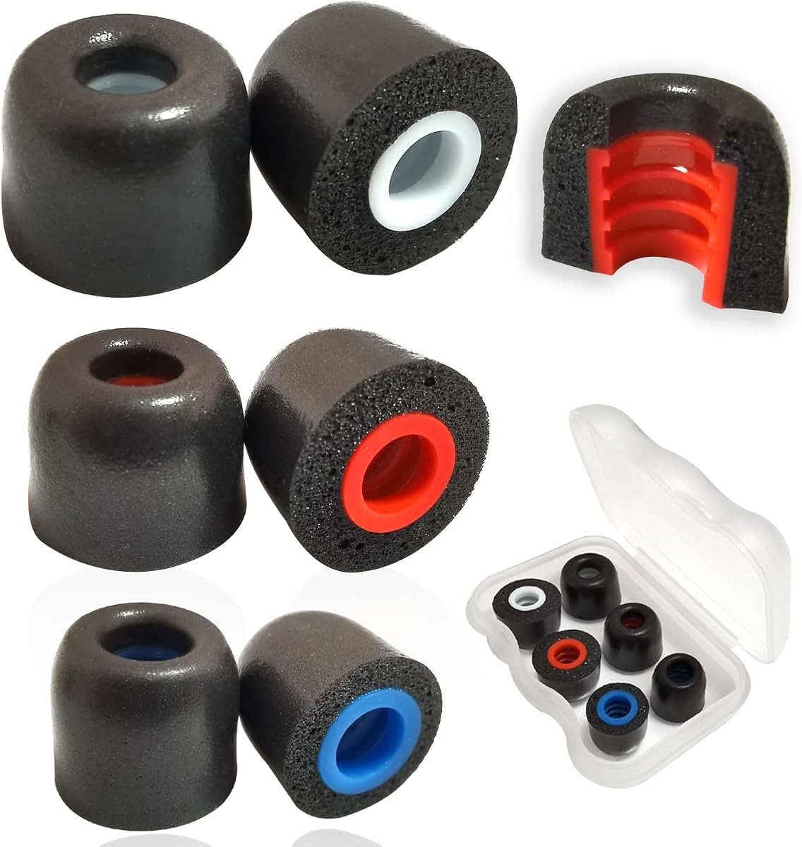 Memory Foam Replacement Ear Tips Fits 5mm-7mm, Noise Isolating Anti-Slip | 3 Pairs L/M/S Universal Replacement Earbuds Tips for In-Ear Earphones, Threaded Grip Design, With Storage Box