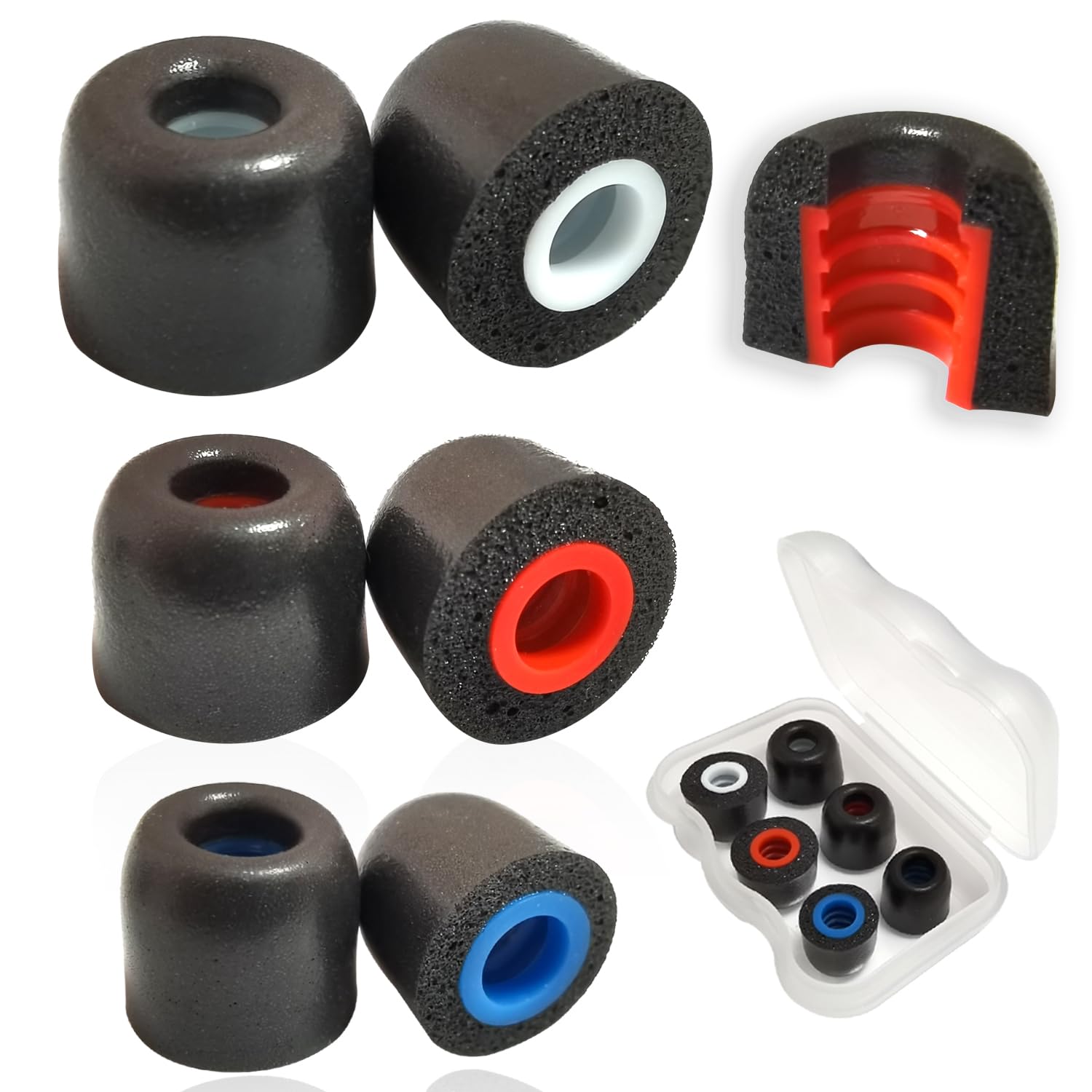 Luckvan Almohadillas de espuma viscoelástica de repuesto para auriculares intraurales con caja de almacenamiento de 5 mm a 7 mm, aislamiento antideslizante, almohadillas de repuesto para auriculares