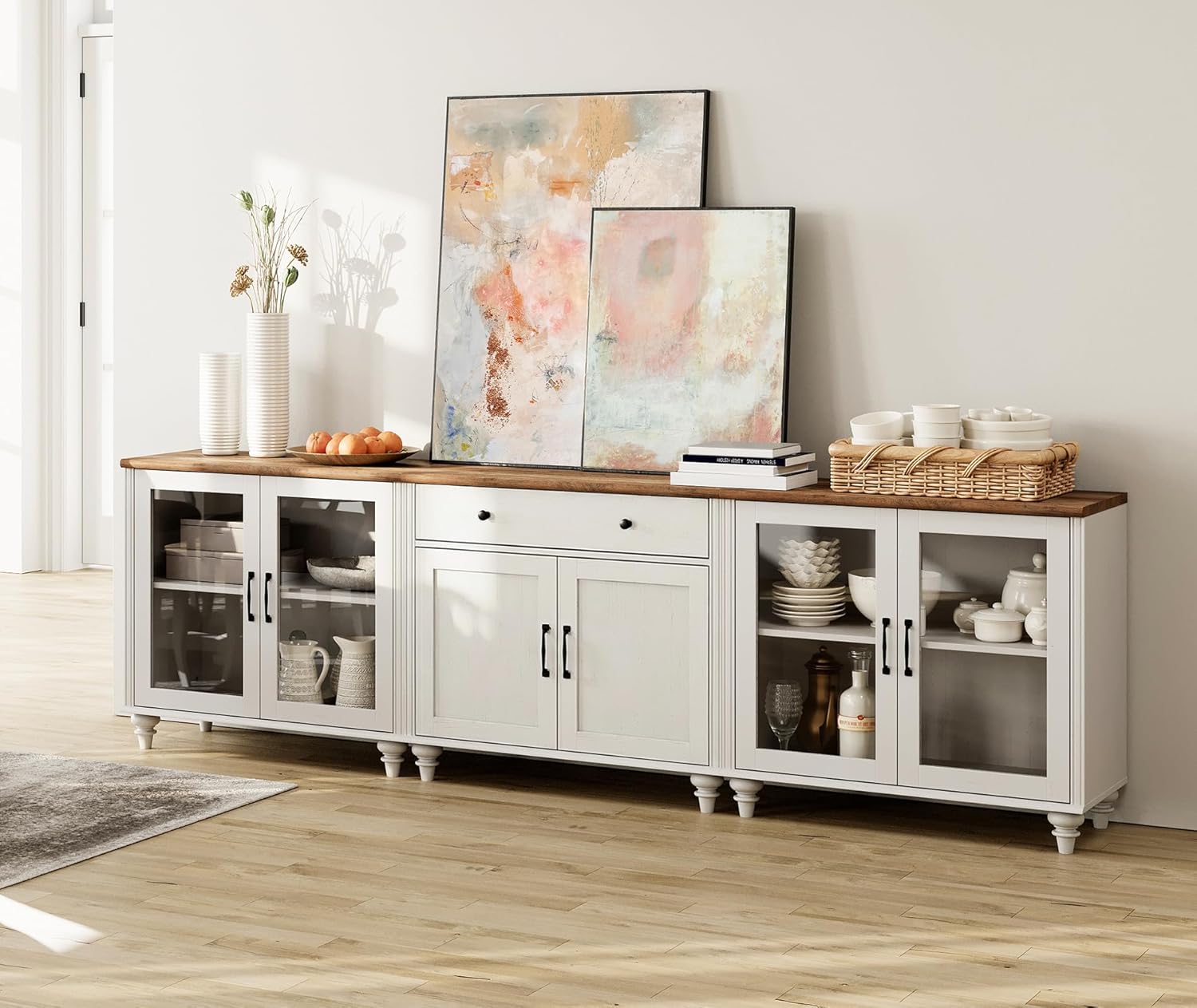 WAMPAT TV Stand for 100 inch TV with Glass Doors, Farmhouse Wood Universal TV Stands with Storage Cabinets, Morden Entertainment Center TV Console Table for Living Room, Bedroom, Office, White