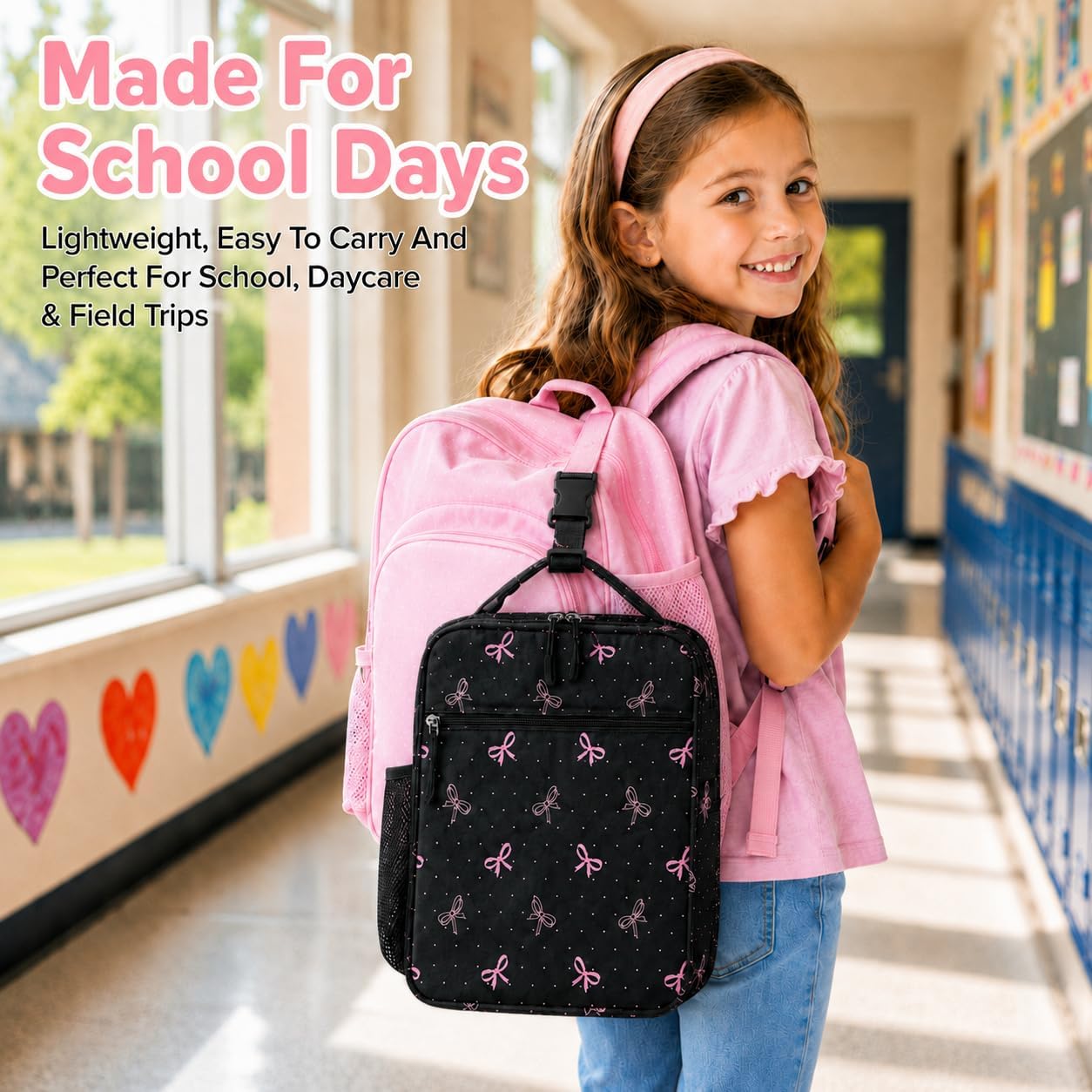 WOBAGMEN Lunch Box for Kids, Cute Waterproof Insulated Lunch Bag, Lightweight, Durable, Easy-to-Clean Lunch Bag with Water Bottle Snacks, for Boys Girls, School,Picnic,Travel (Pink Bow Polka Dots, M)