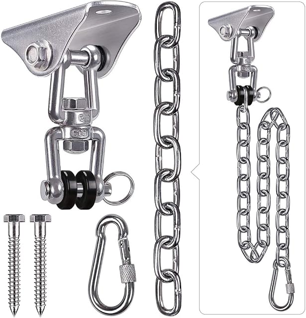 SELEWARE Permanent Antirust Stainless Steel 304 Heavy Duty Swing Hangers with Chain and Carabiner, 360° Rotate, 2 Screw for Wooden Hammock Chair Porch Swing Sets