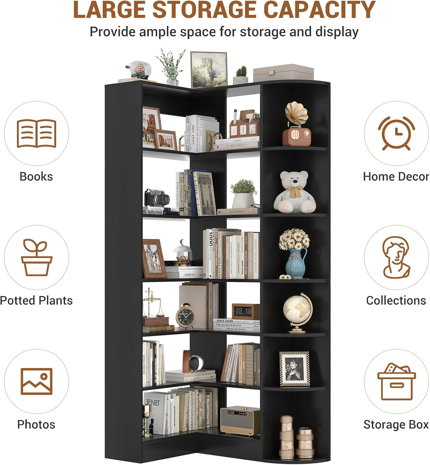 Cyclysio 7-Tier Corner Shelf, 71" Tall L-Shaped Corner Bookshelf with Edge Protection, Industrial Etagere Bookcase Storage Rack for Small Spaces, Living Room, Bedroom, Kitchen (Black)
