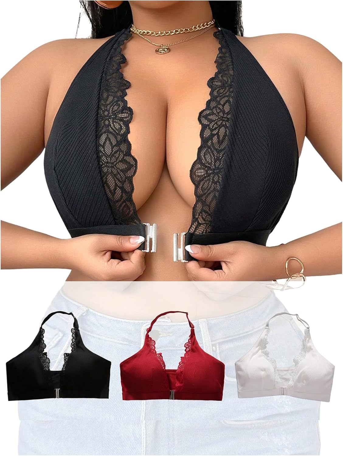 SOLY HUX Plus Size Bras for Women 3 Piece Front Closure Lace Halter Wireless Bra Comfort Everyday Bralette