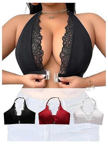 SOLY HUX Plus Size Bras for Women 3 Piece Front Closure Lace Halter Wireless Bra Comfort Everyday Bralette - X-Large Plus - Multicoloured