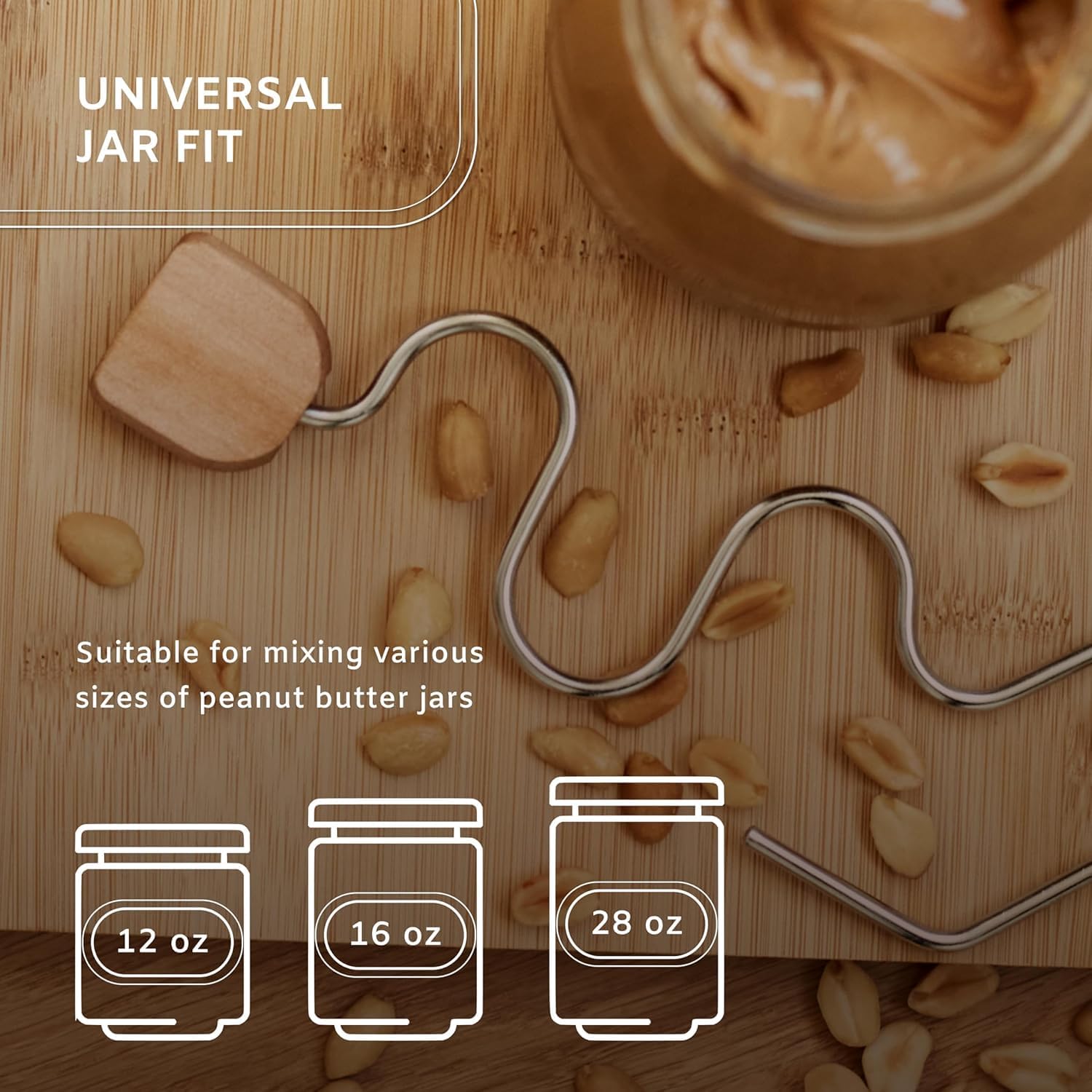 Peanut Butter Stirrer, Natural Nut Butter Mixer, Reliable Handle, Steel Scraper Multi-Size: Fits 16-80 oz Jars
