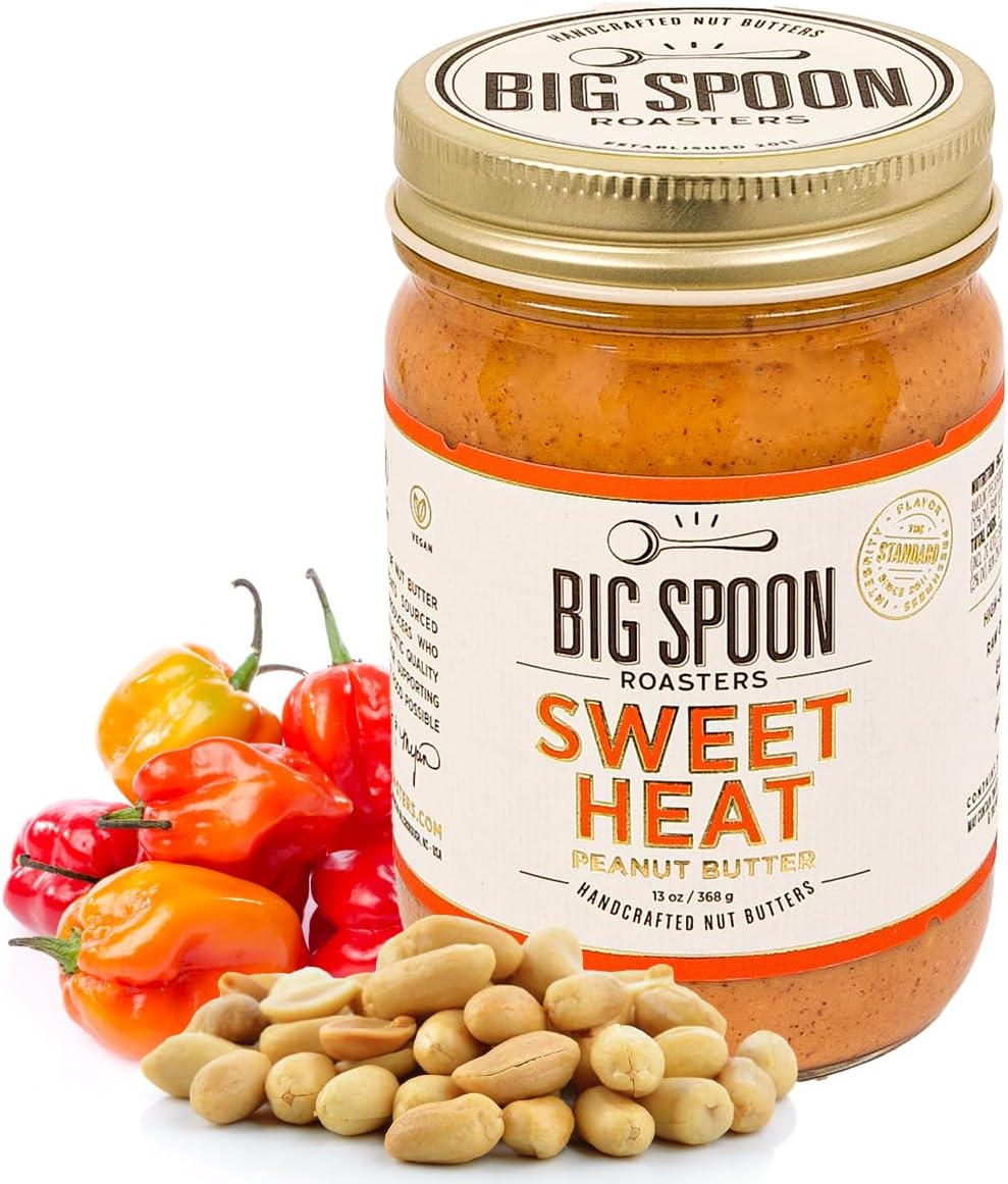 Big Spoon Roasters Sweet Heat Peanut Butter w/Habanero Chiles & Sea Salt - Low Sugar, Sweet & Spicy, Creamy Peanut Butter - Keto, Palm Free, & Vegan - 13 Ounces